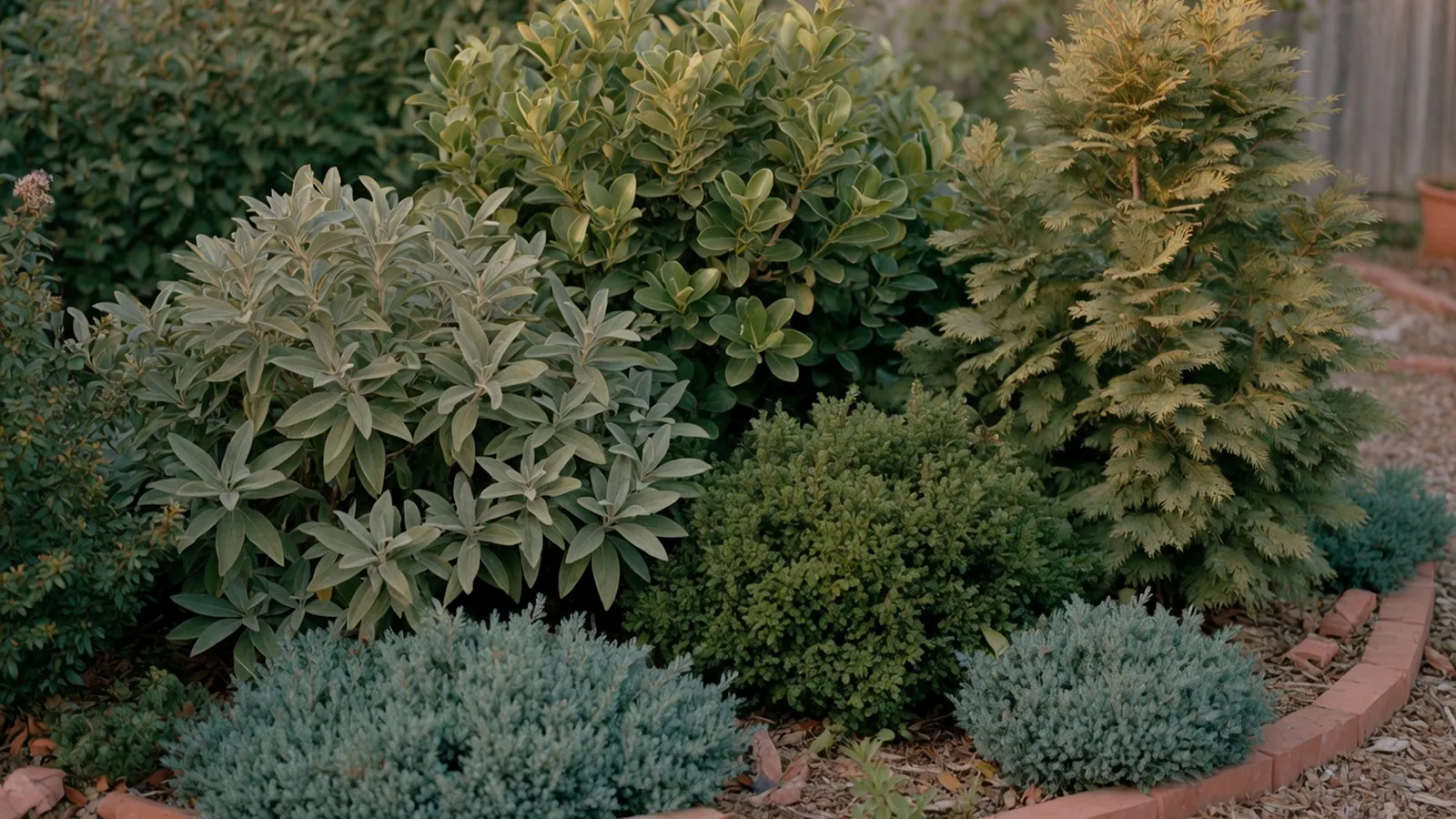 A diverse collection of healthy evergreen shrubs with varied foliage textures and growth forms in a well-maintained garden border.