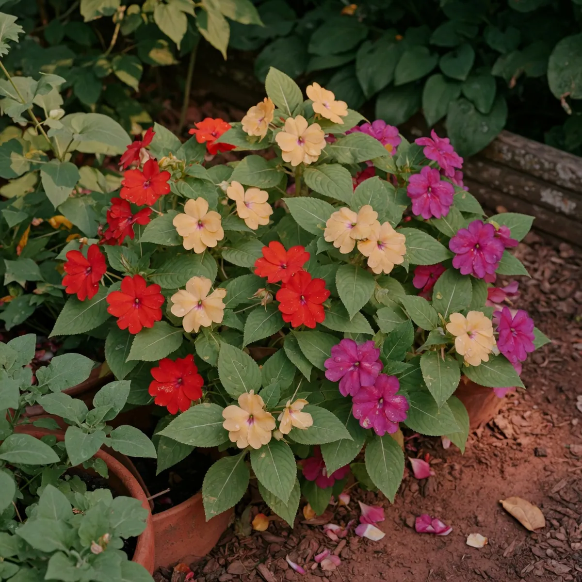 A cluster of Impatiens flowers blooming in vibrant reds, soft yellows, and rich purples among thick green foliage.