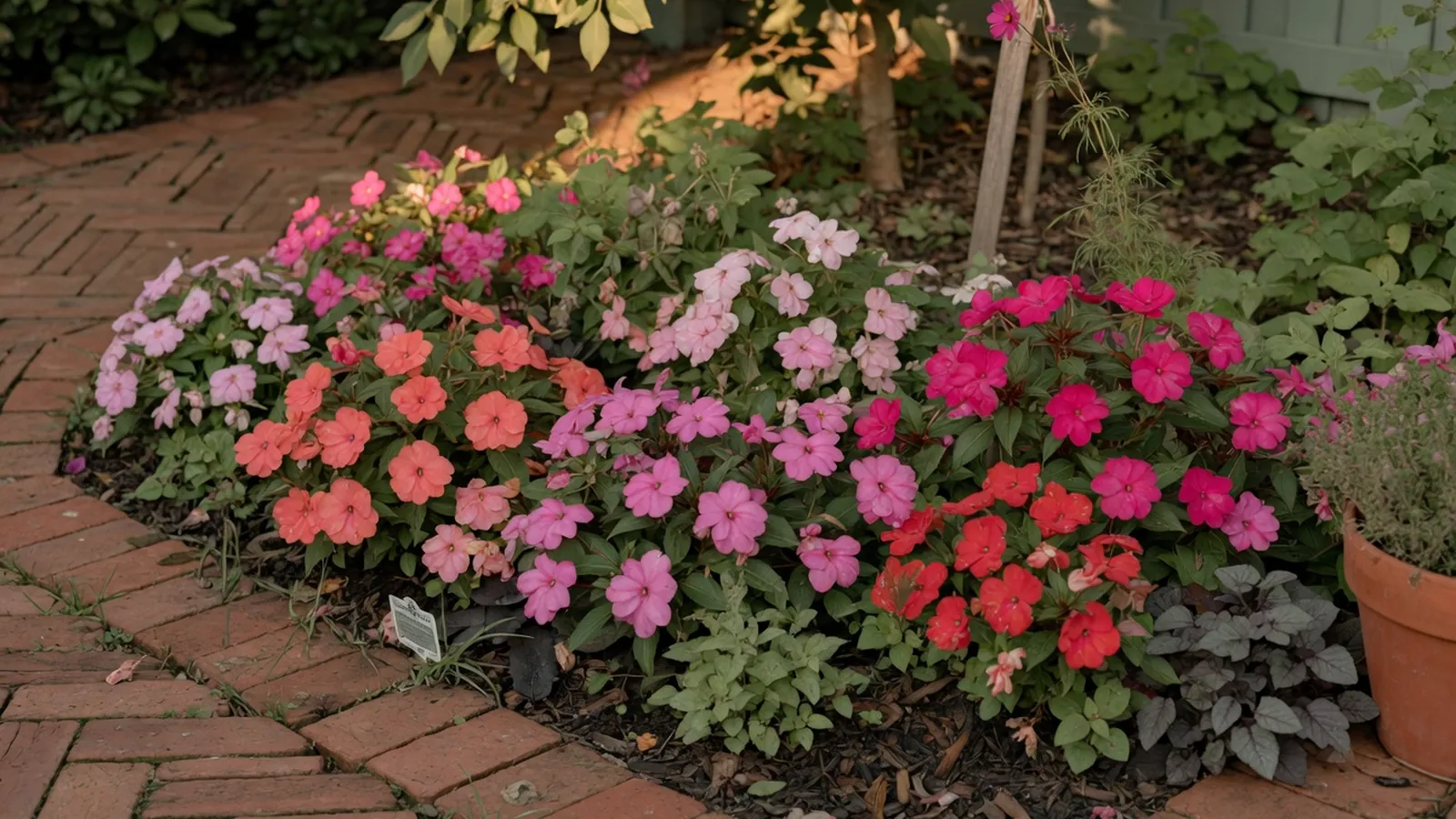 A lush garden bed filled with blooming Impatiens flowers in striking shades, creating a vibrant and welcoming landscape.