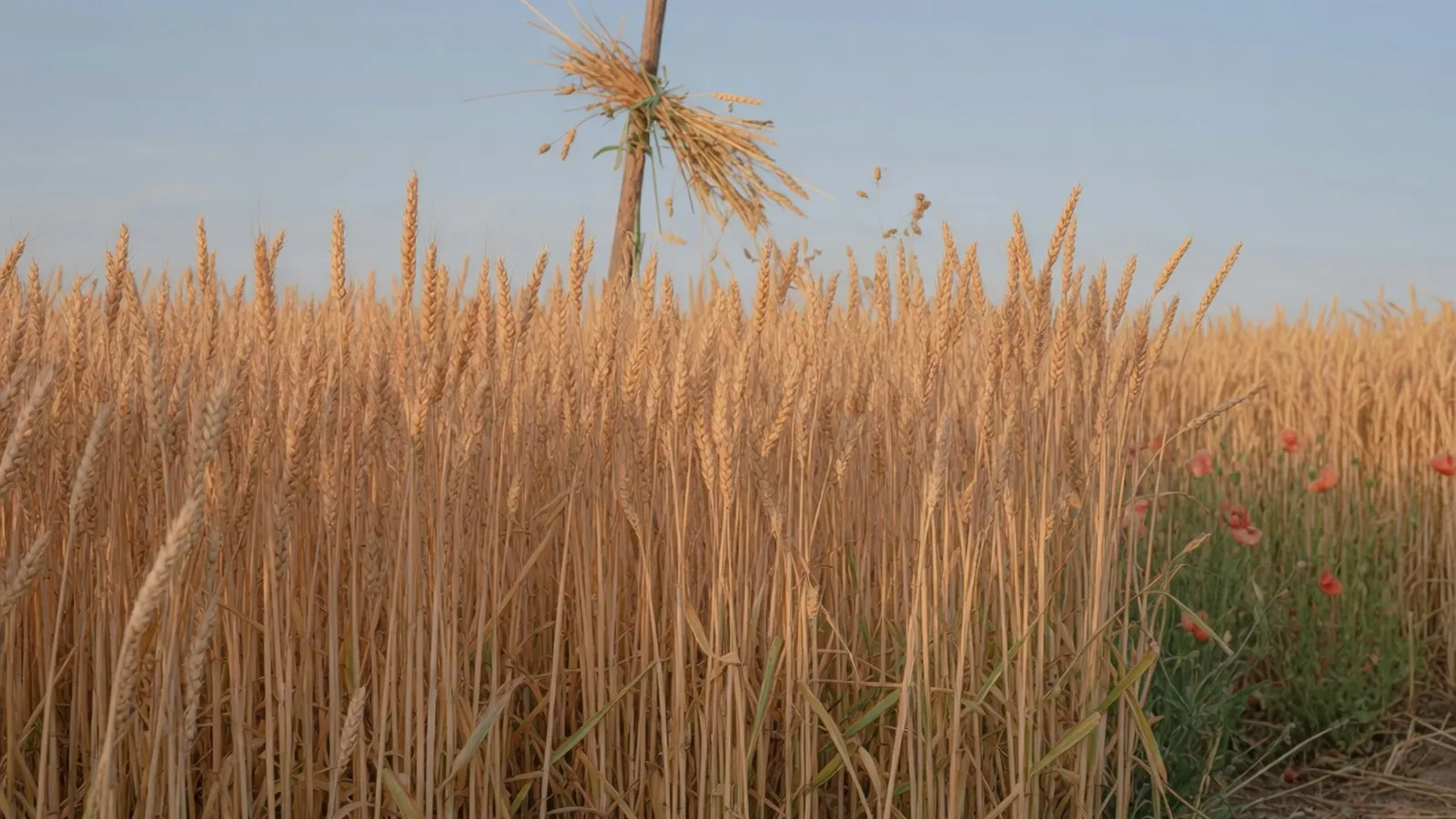 A vibrant field of golden wheat swaying gently under a bright sky.