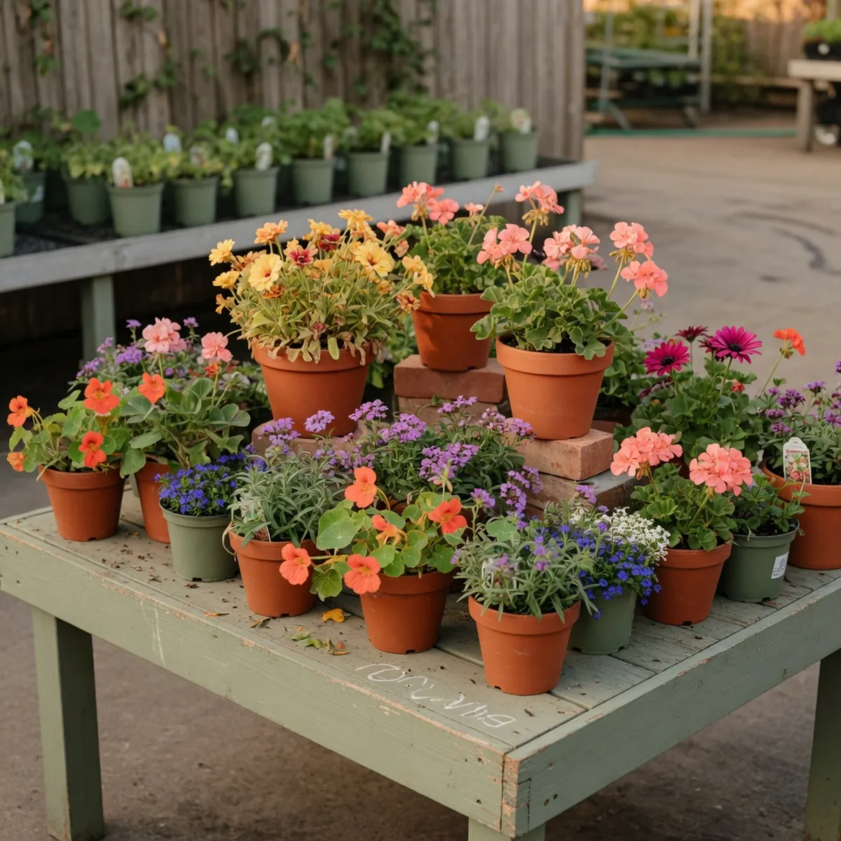 A selection of colorful potted flowering plants sits on a garden center display table.