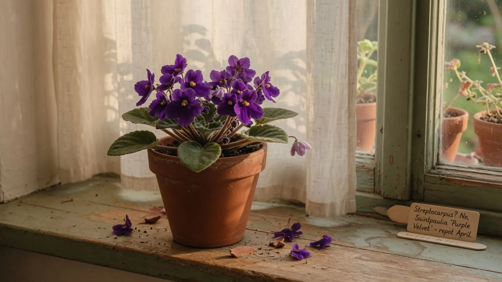 A potted African violet with purple blooms rests on a sunlit wooden windowsill.