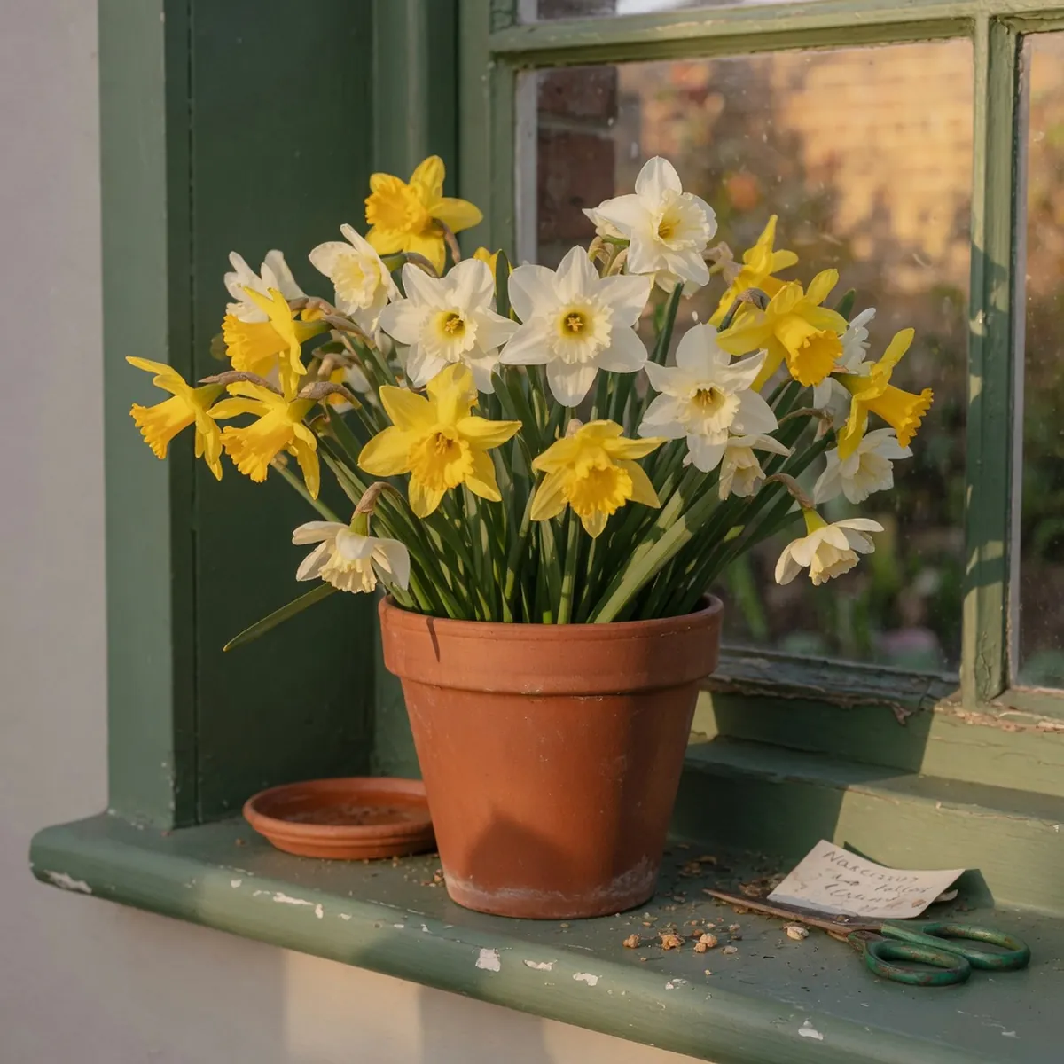 A cluster of yellow and white narcissus flowers with trumpet-shaped centers blooming in a ceramic pot.