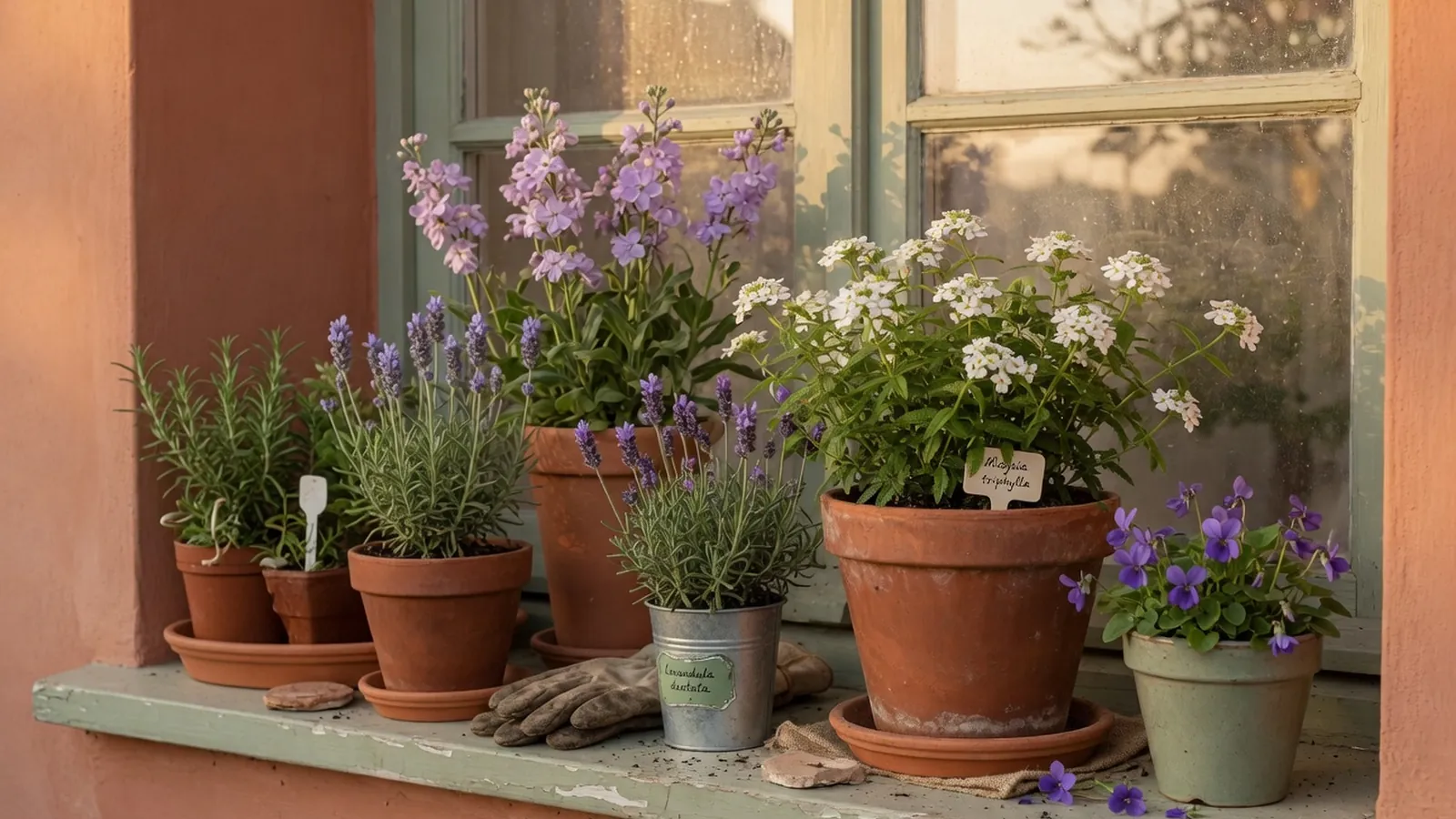 A collection of potted fragrant flowering plants arranged on a bright indoor windowsill.