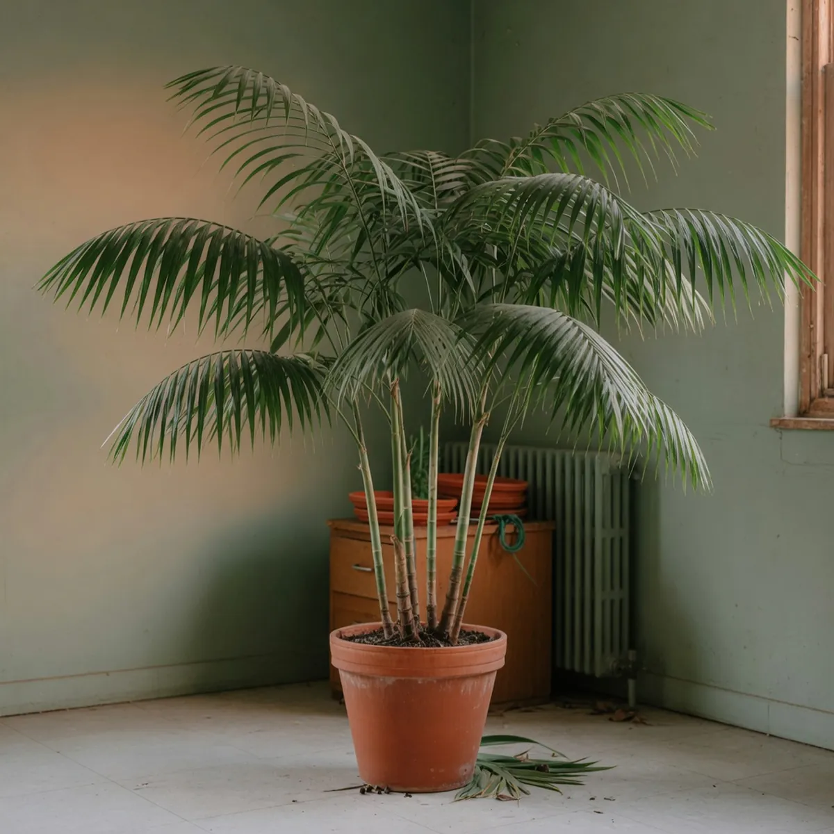 A multi-trunk Chamaedorea seifrizii palm with dense green fronds standing in a shaded indoor space.