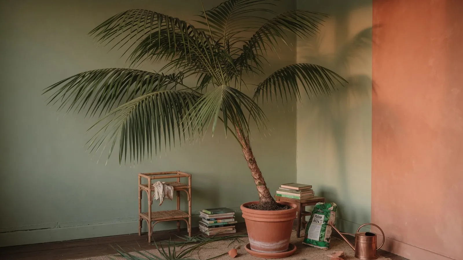 A tall, elegant indoor palm tree standing in a sunlit living room corner.