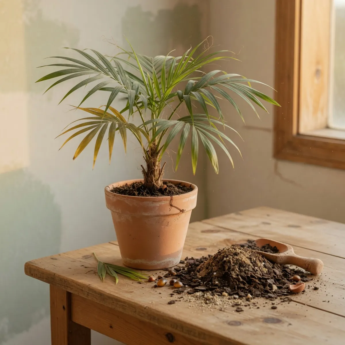 A potted indoor palm plant sitting on a wooden surface next to a small pile of peat moss and sandy soil.