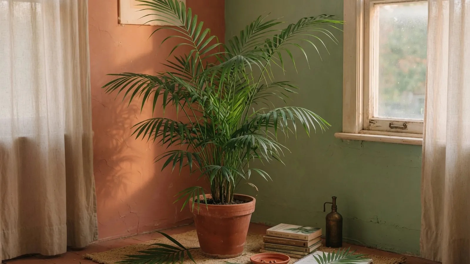 A healthy indoor parlor palm plant standing in a bright room near a window.