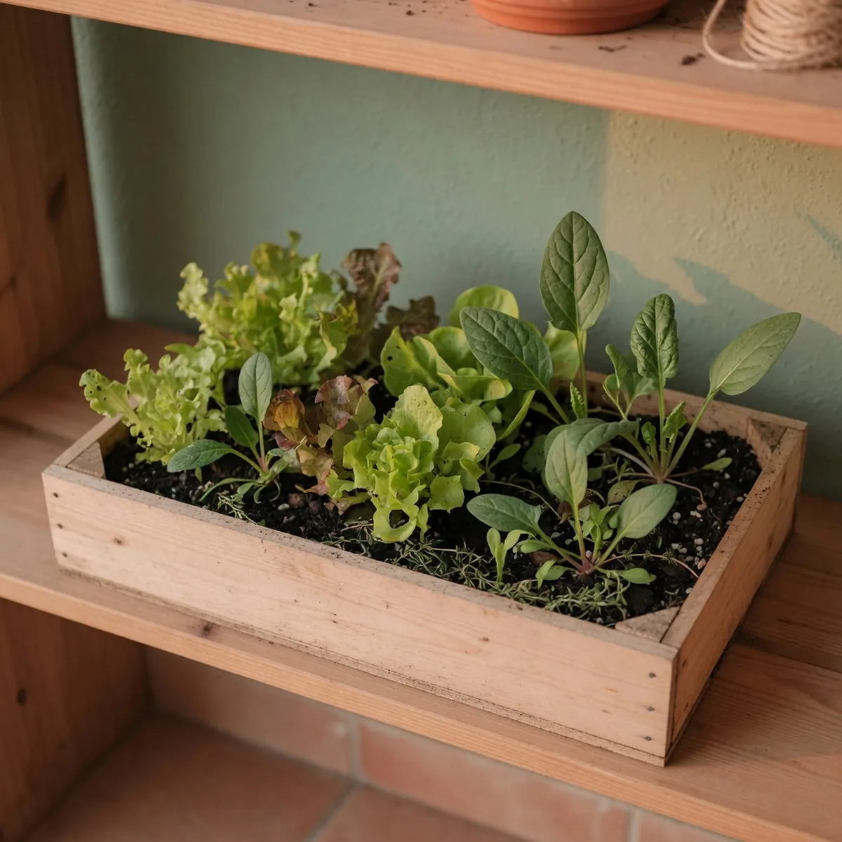 A shallow wooden planter box filled with young lettuce and spinach leaves sits on an indoor shelf.