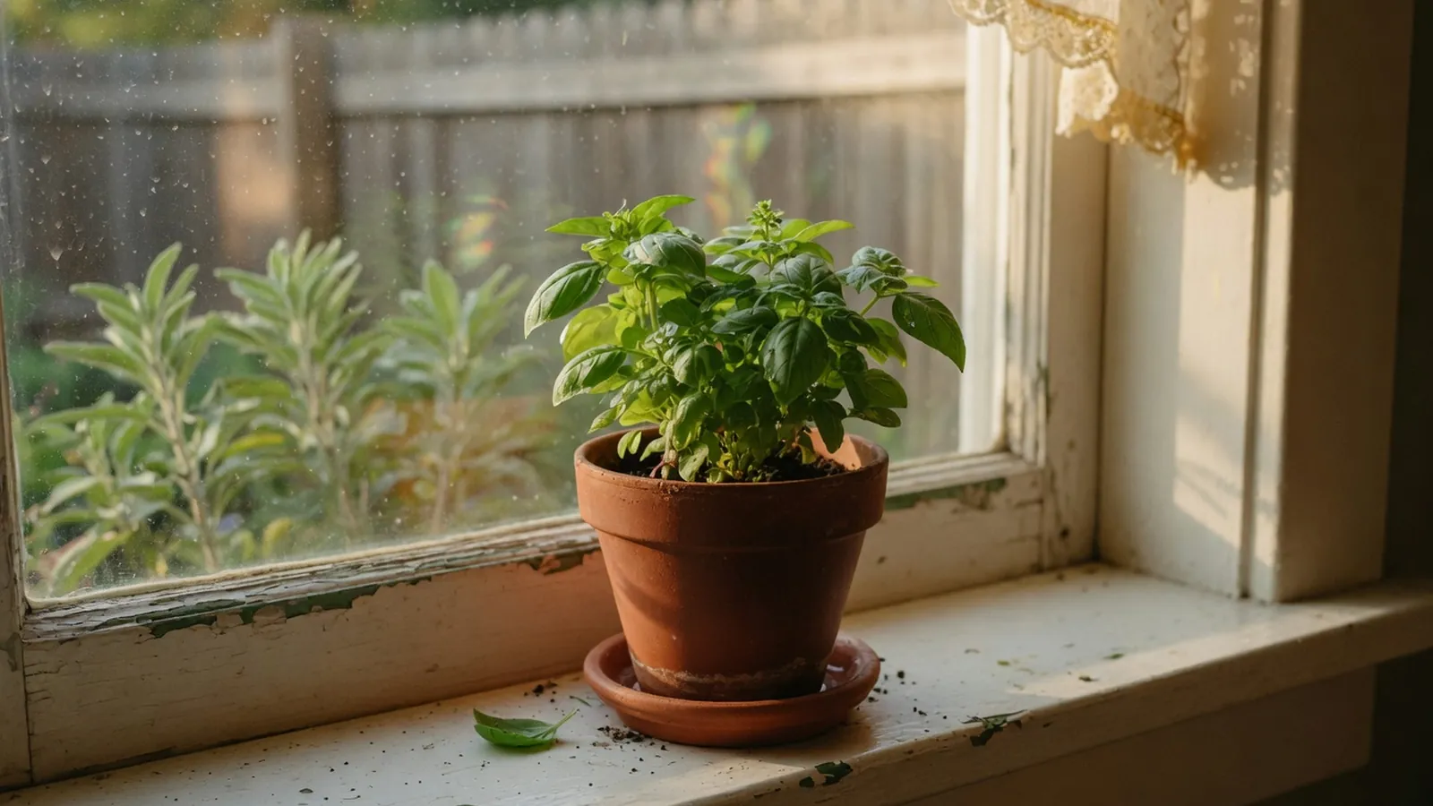 A small terracotta pot holding vibrant green basil leaves rests on a bright kitchen windowsill.