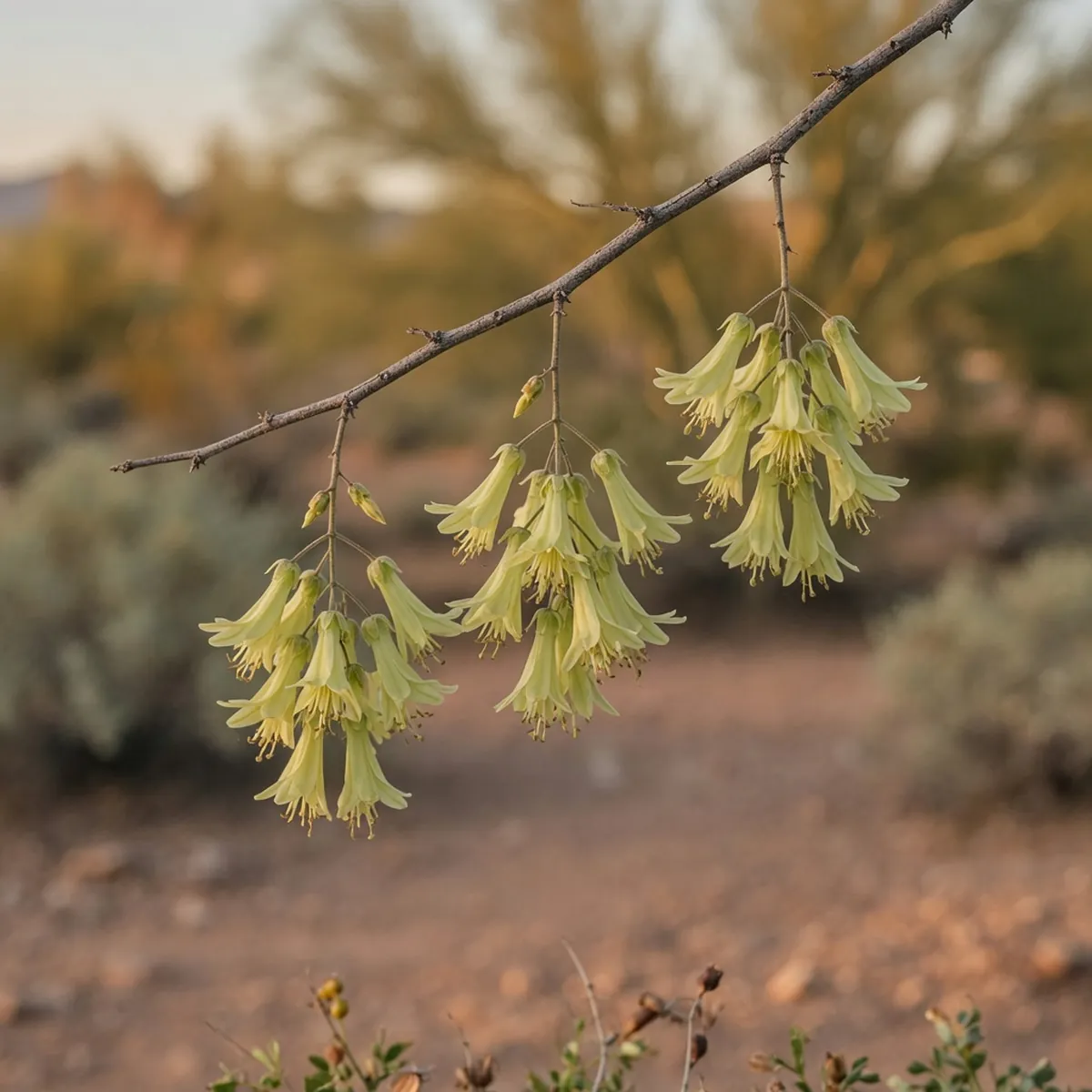 Slender chandelier-shaped ironwood flowers hang delicately from a thin branch.