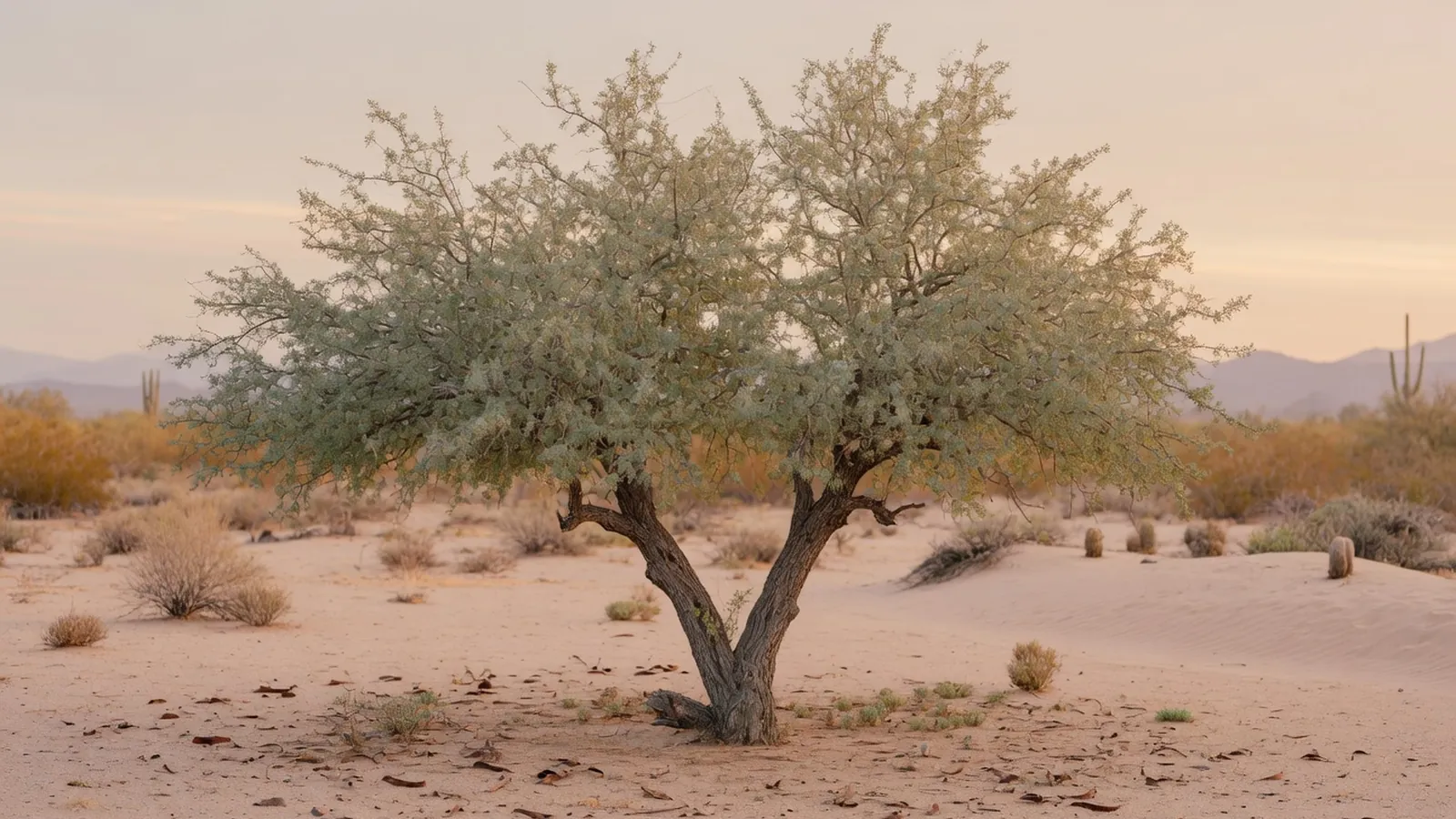 A solitary ironwood tree stands resiliently in the arid Sonoran Desert landscape.