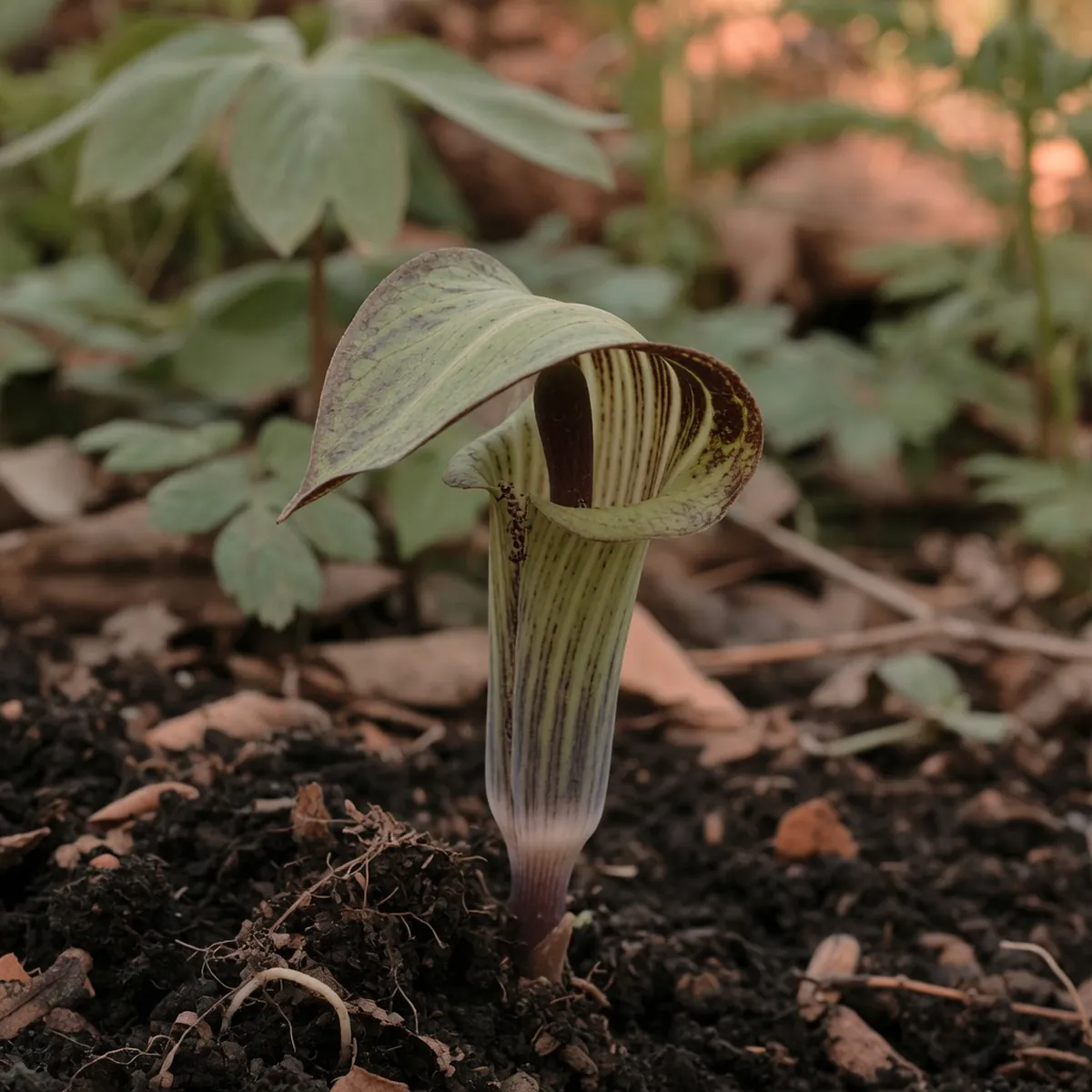 A close-up view of a Jack-in-the-pulpit flower showing its hooded spathe and central spadix.