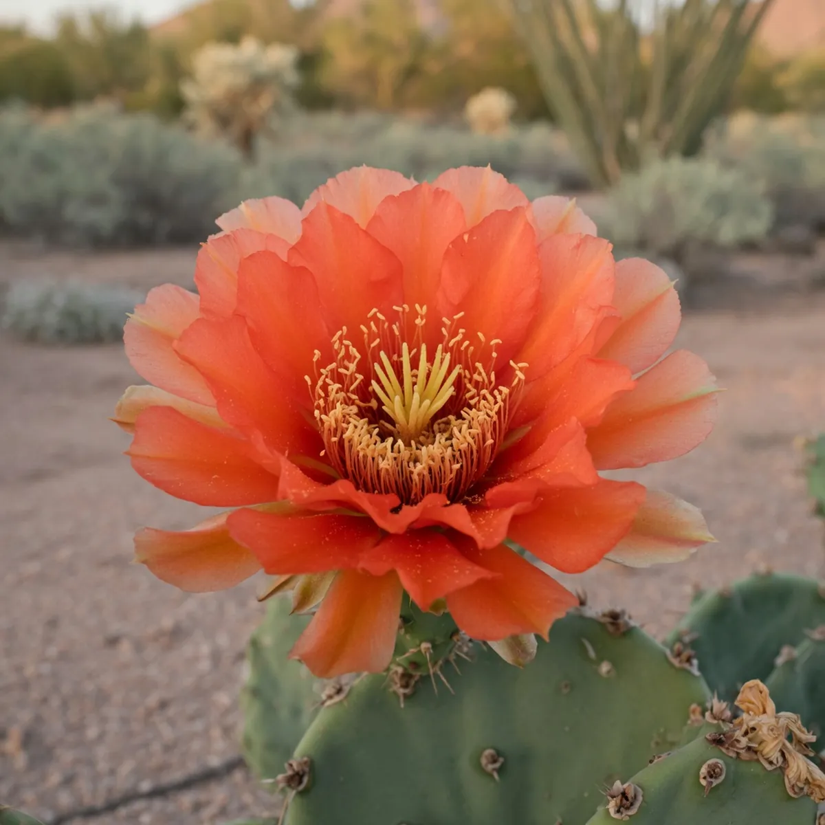 A bright orange cactus flower in full bloom with numerous delicate petals and prominent stamens.