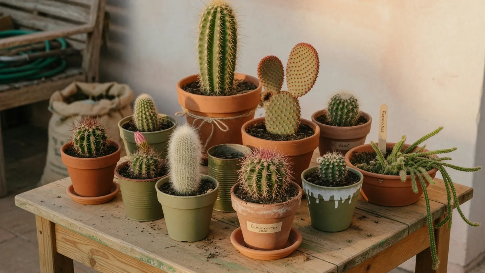 A diverse collection of potted cacti with distinct shapes and spines arranged on a sunlit wooden table.