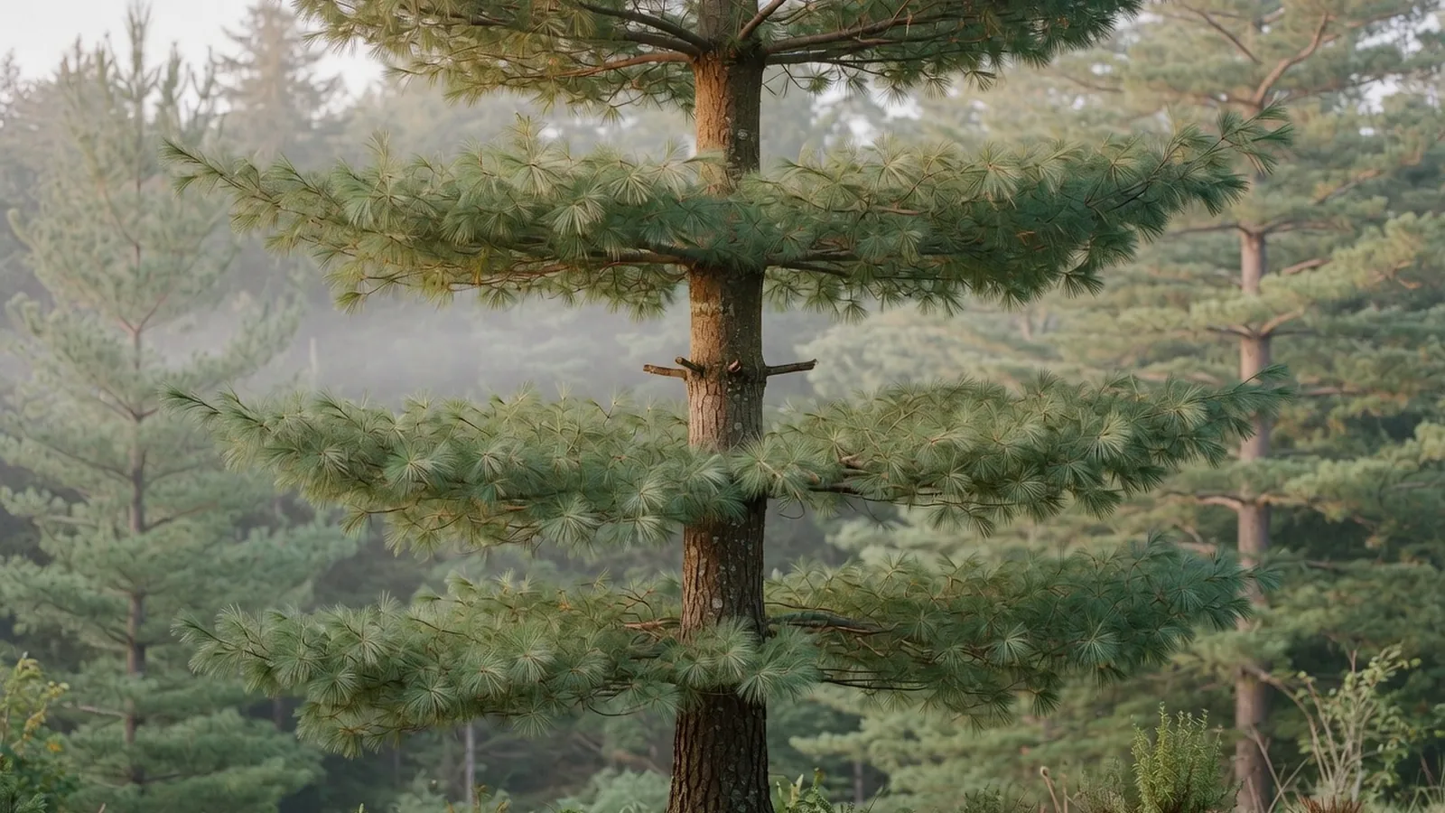 A majestic Eastern White Pine tree towering over a misty eastern North American forest.