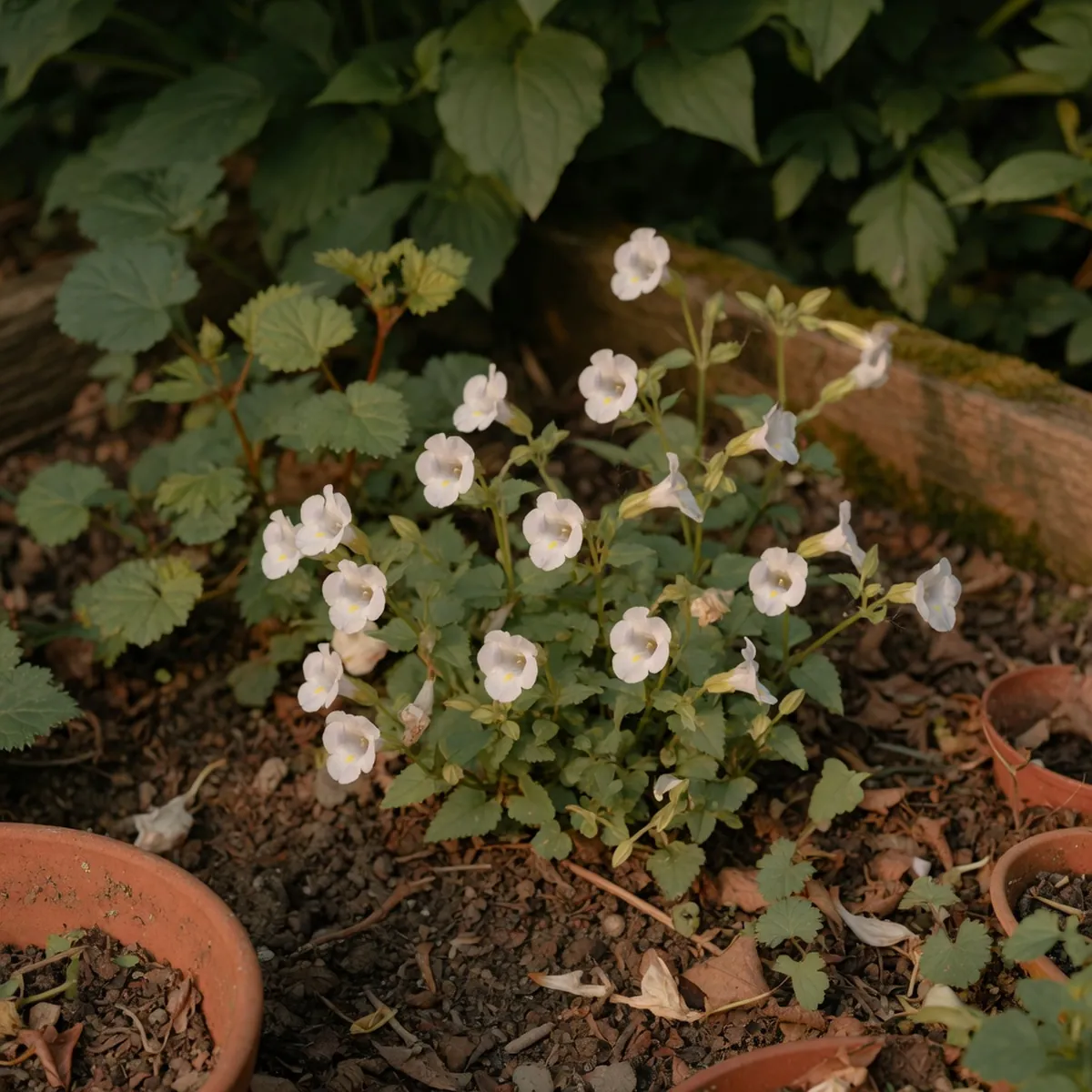 Delicate white wishbone flowers blooming among soft green serrated leaves in a shaded garden bed.