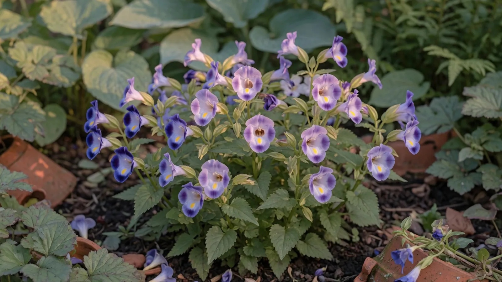 A lush arrangement of blue and lavender wishbone flowers with distinctive yellow throat markings in a shaded garden bed.