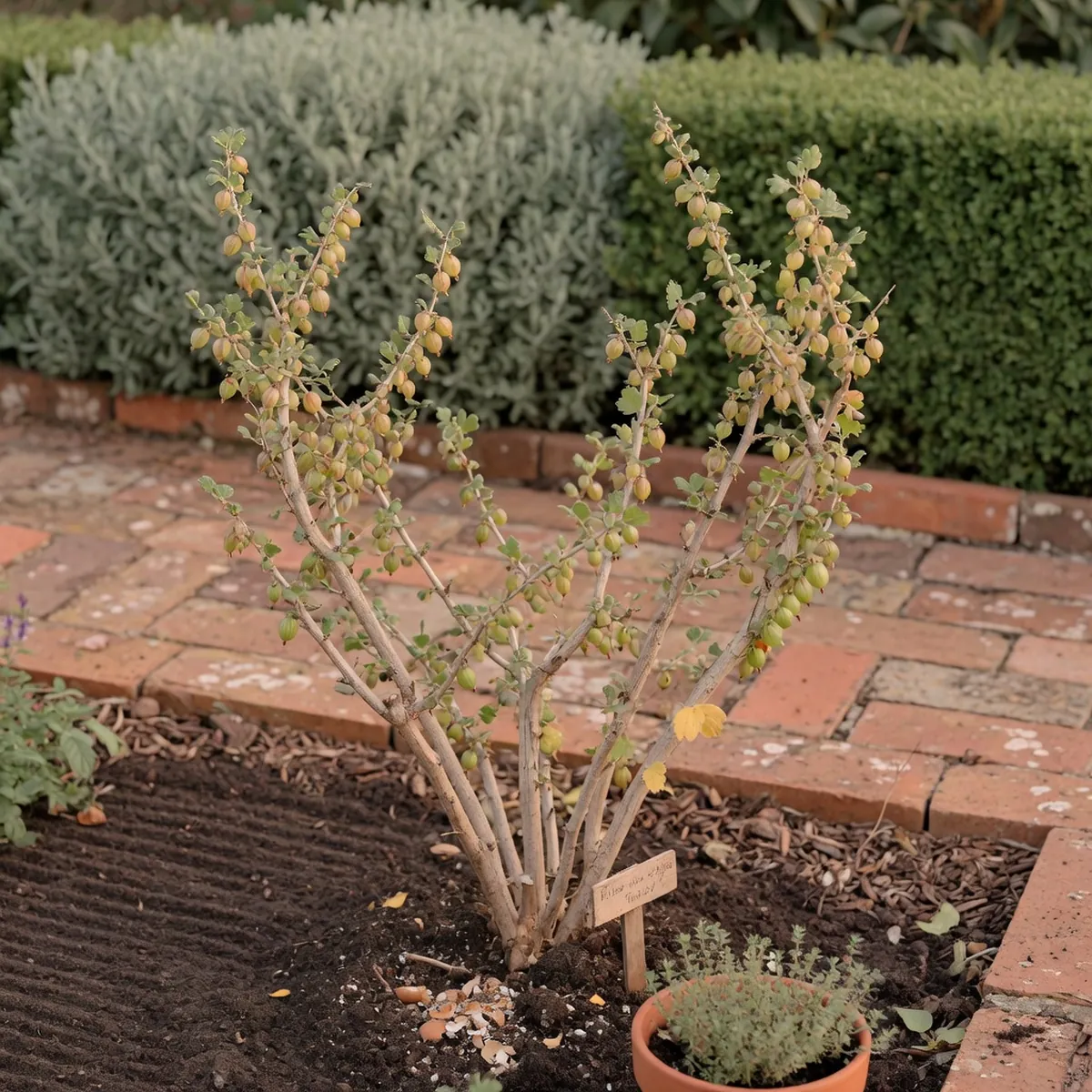 A mature gooseberry bush pruned into an open wine-glass shape with upward branches.