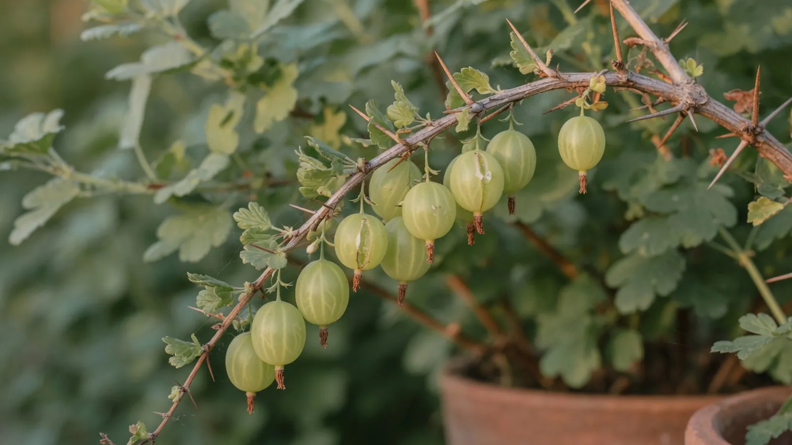 A cluster of ripe green gooseberries hanging from a thorny branch in a garden.