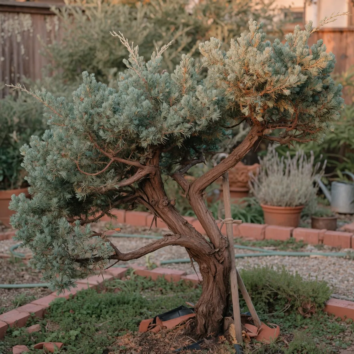 A Hollywood Juniper tree displaying its twisted branches and blue-green needle clusters.