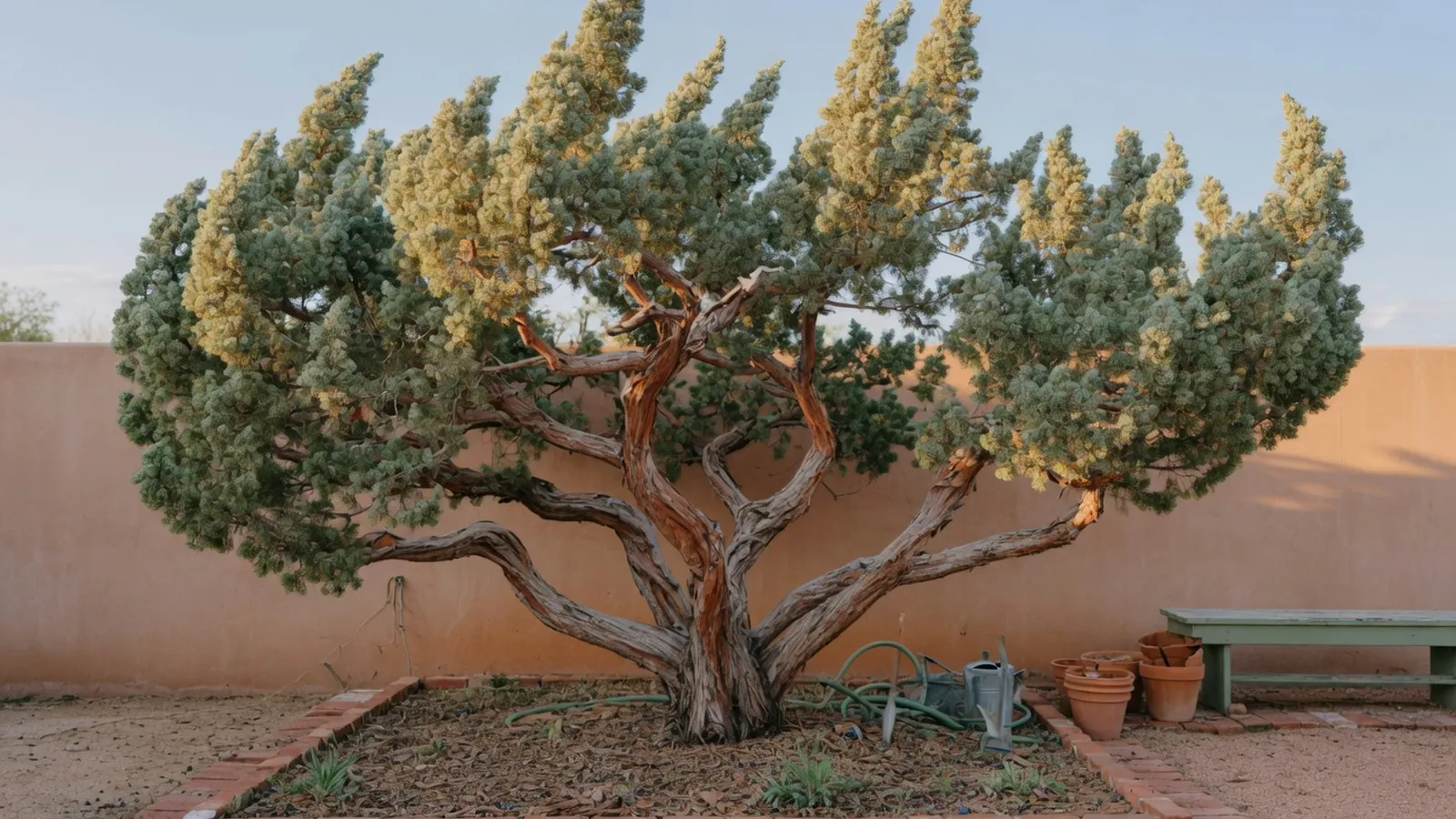 A mature Hollywood Juniper tree with twisted branches standing in a sunny garden.