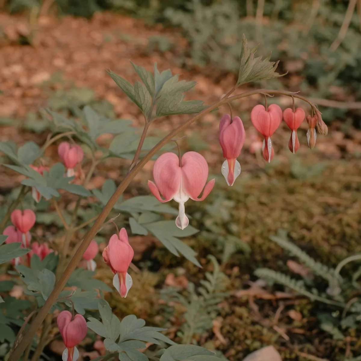 A cluster of pink heart-shaped flowers with white dangling tips hanging from a green stem.