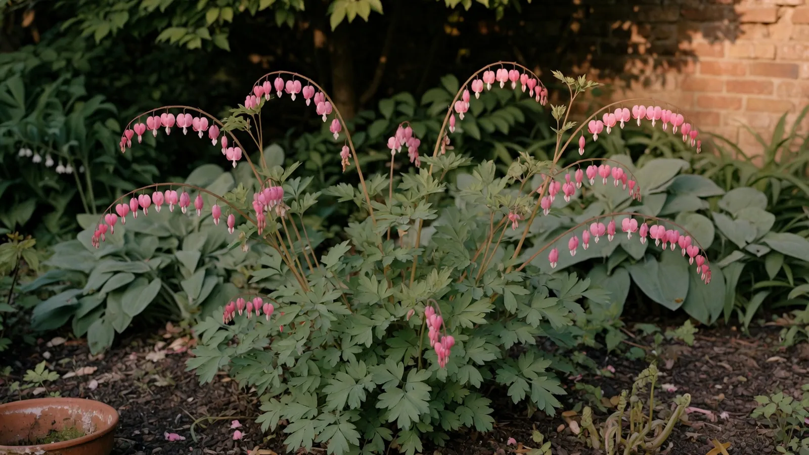 A mature bleeding heart plant in full bloom within a shaded garden bed.