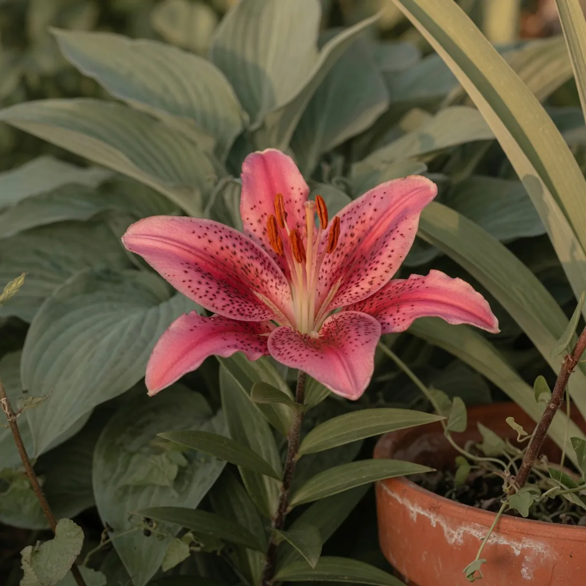 A close-up of a single Stargazer lily flower showing its distinctive pink petals and dark spots.