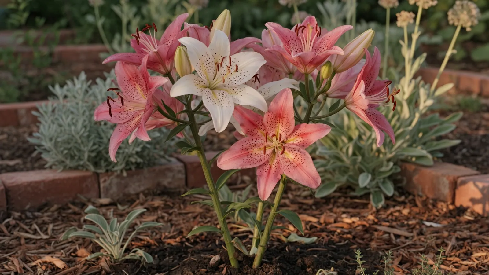 A vibrant cluster of pink and white Stargazer lilies blooming on a sturdy green stem in a garden bed.