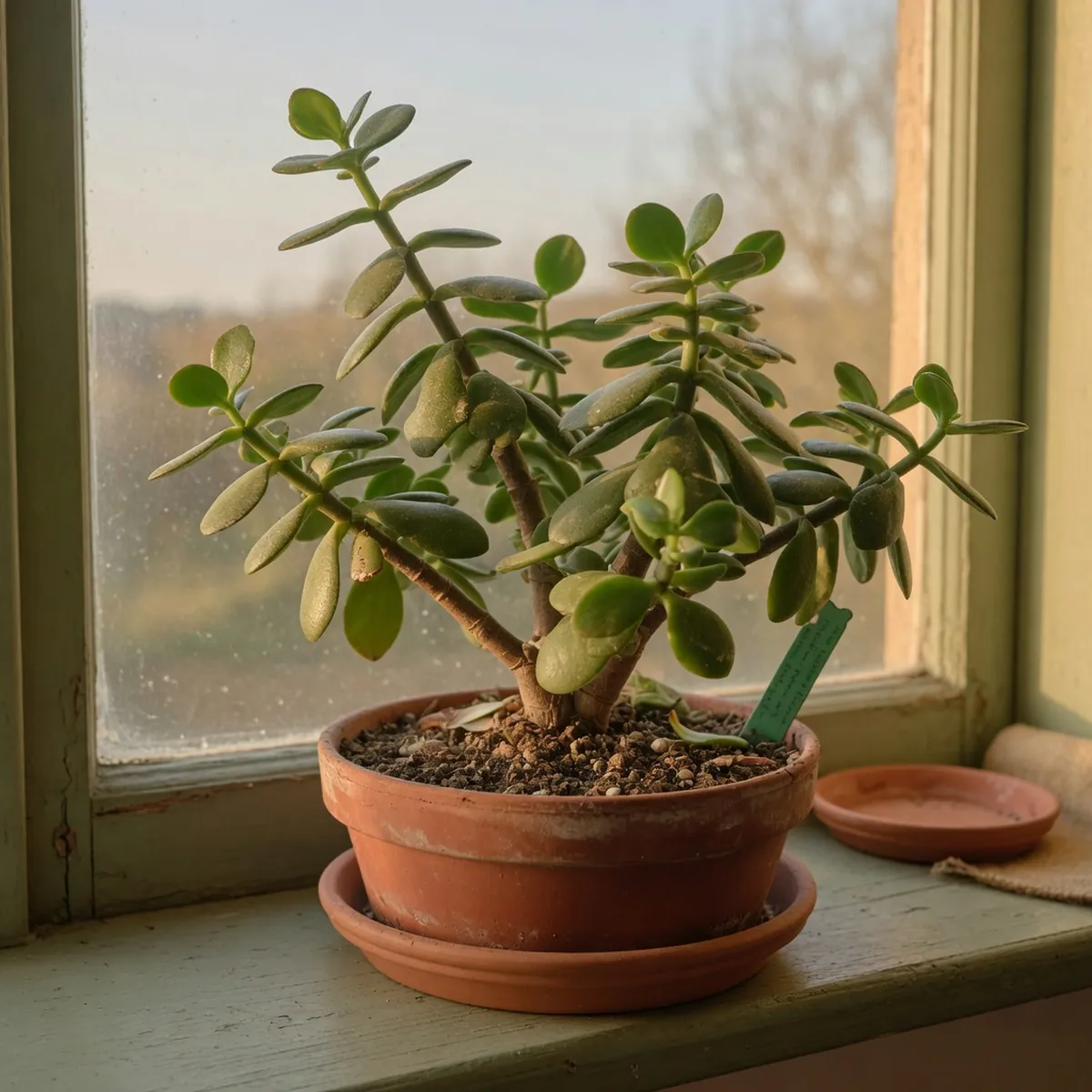 A jade plant with slightly wrinkled leaves in a pot of sandy soil on a windowsill.