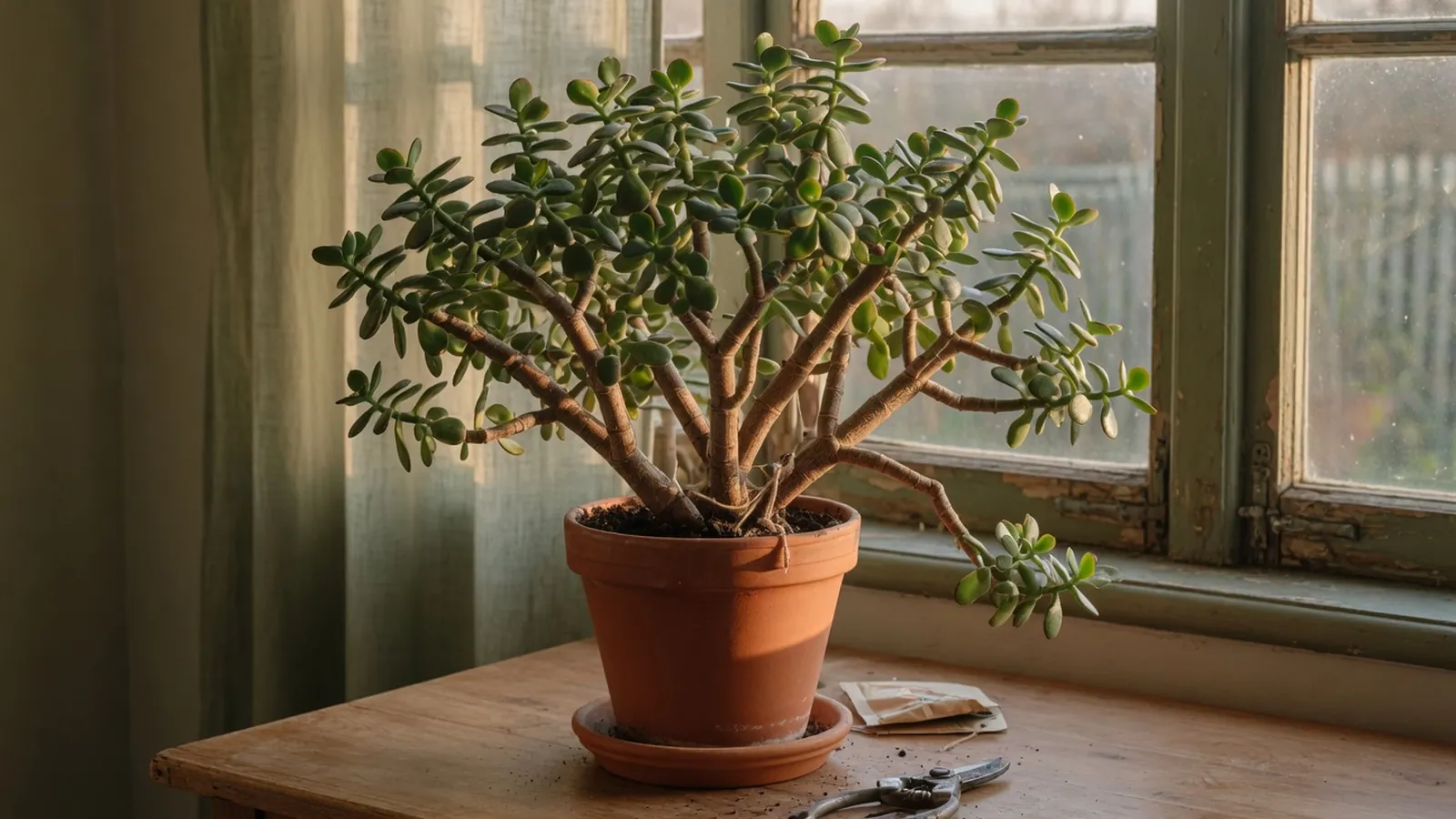 A healthy jade plant with glossy leaves in a terracotta pot on a wooden table.
