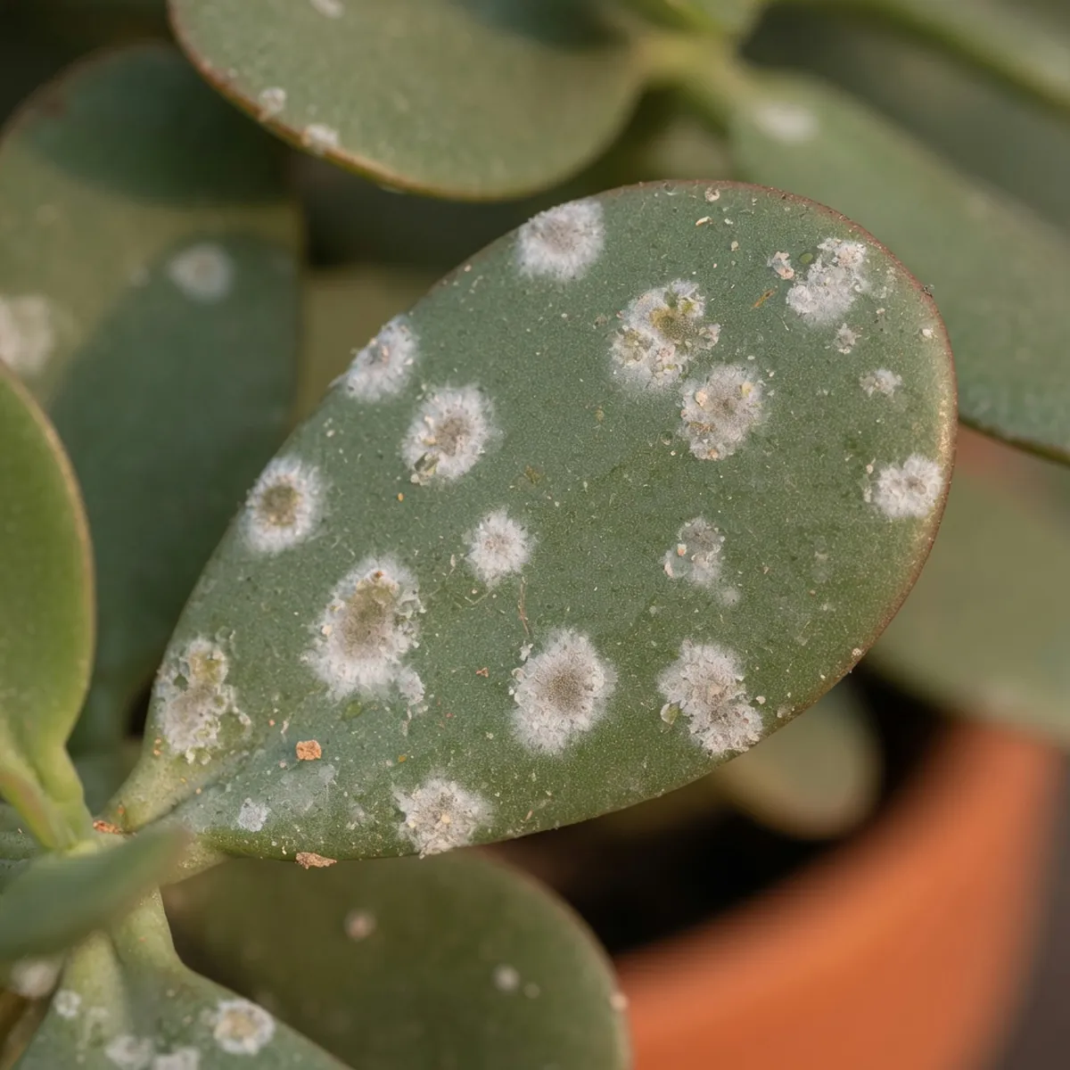 A close-up of a jade plant leaf displaying scabby, dusty white powdery mildew spots against a blurred green background.