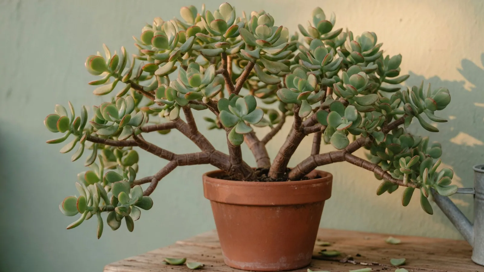 A healthy jade plant with thick branches and fleshy, rounded leaves arranged in opposite pairs.