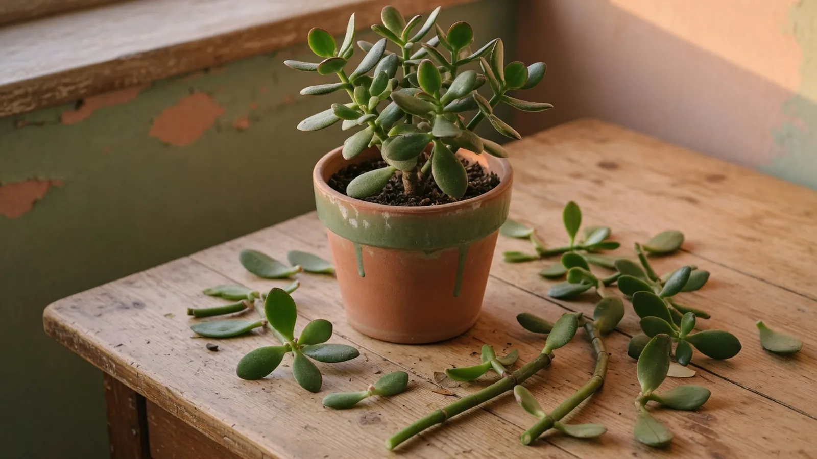 A mature jade plant in a ceramic pot alongside prepared stem and leaf cuttings on a wooden surface.