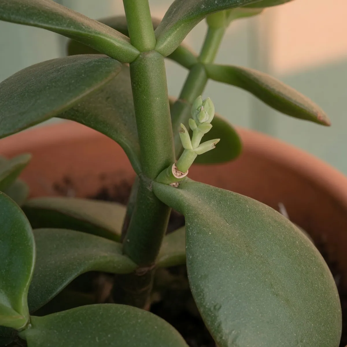 A jade plant stem displaying a leaf node with a new branch growing from it.