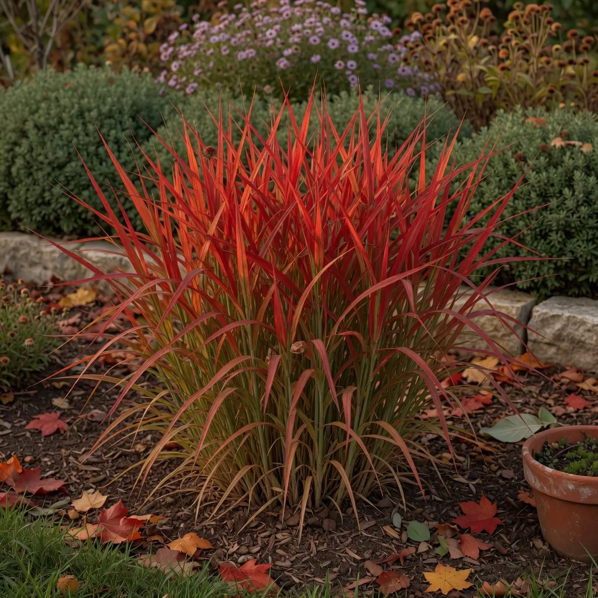 A clump of Japanese blood grass displaying vibrant red blades against a soft green garden background.