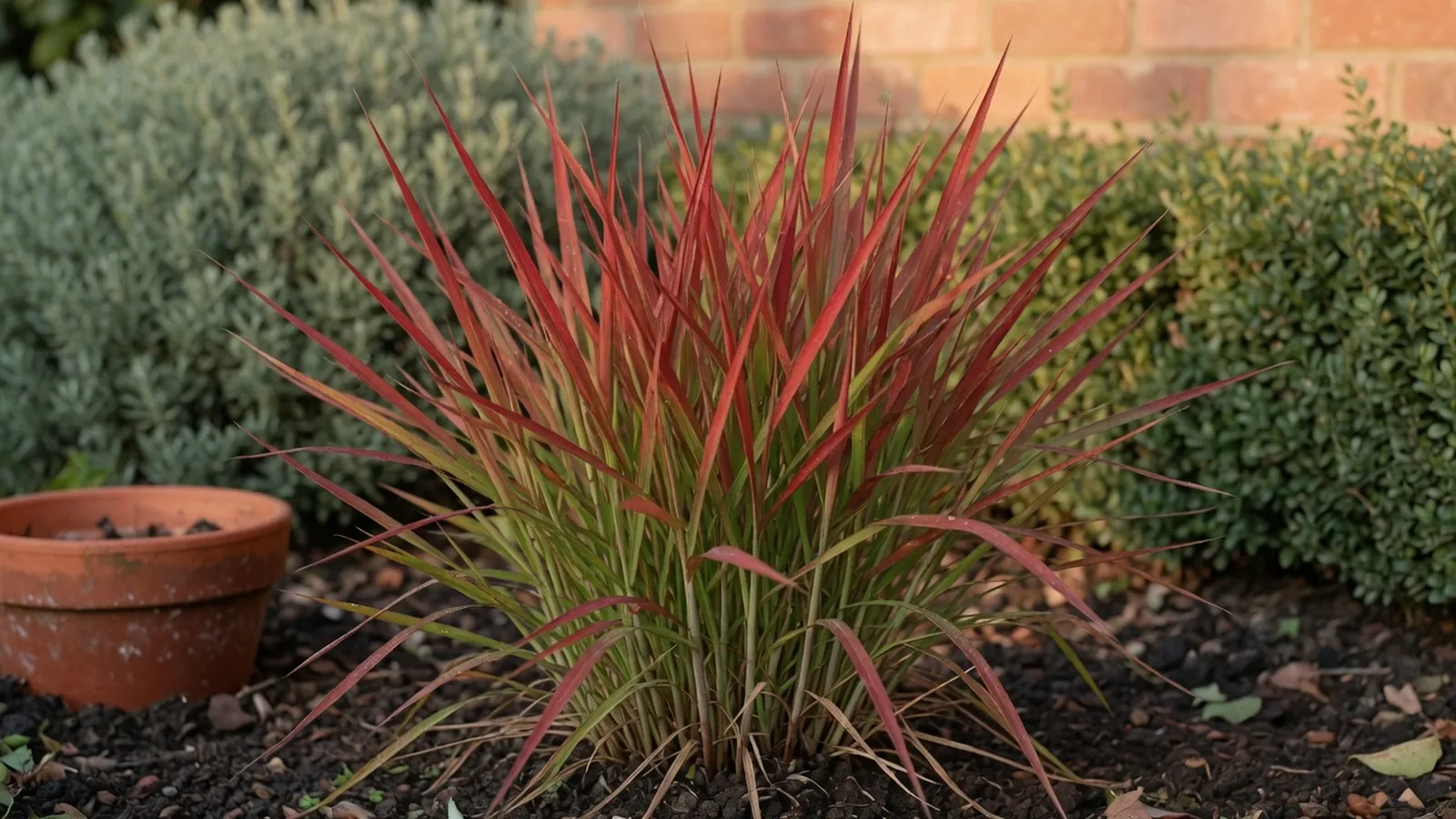 A close-up view of Japanese blood grass showcasing its distinctive red and green foliage in a garden setting.