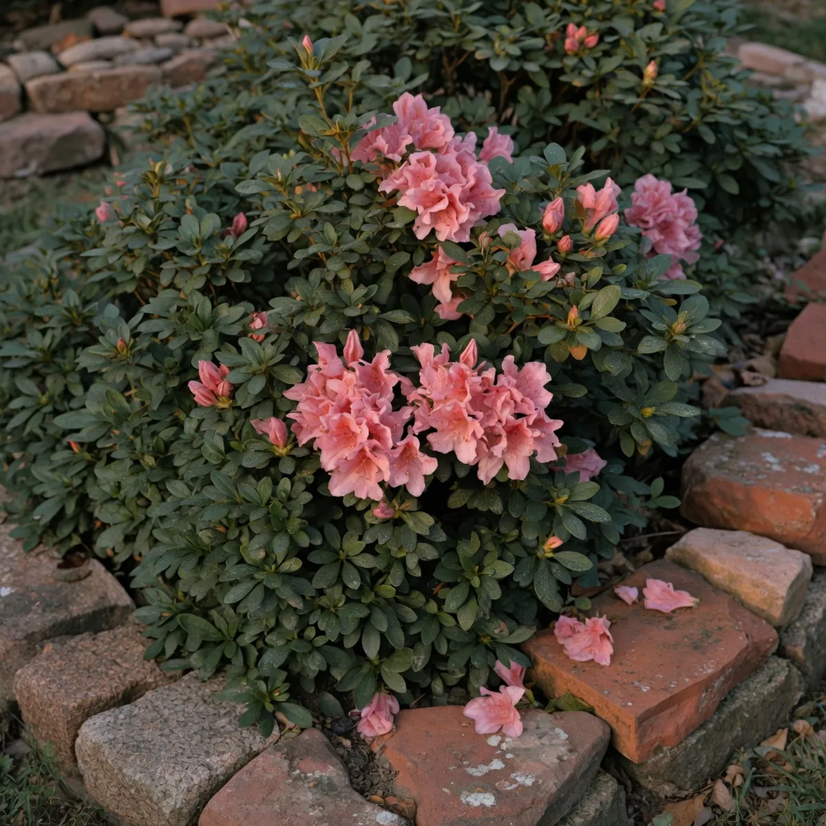 A blooming Azalea shrub displays clusters of pink flowers among dark green foliage and garden stones.