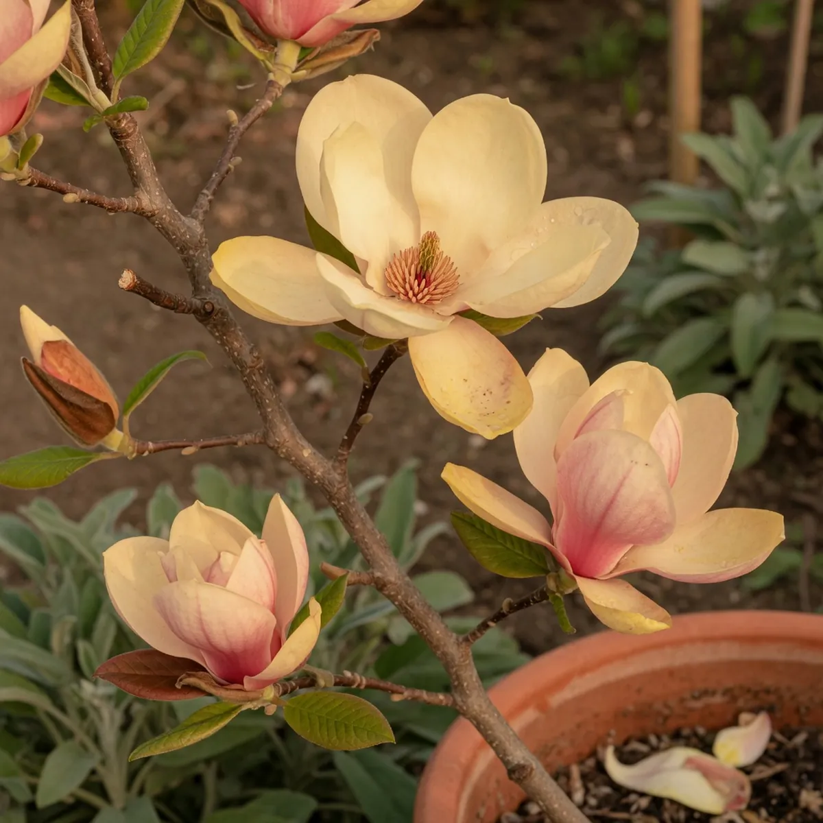 A close-up view of a Japanese magnolia branch displaying creamy yellow and soft pink saucer-shaped blooms.