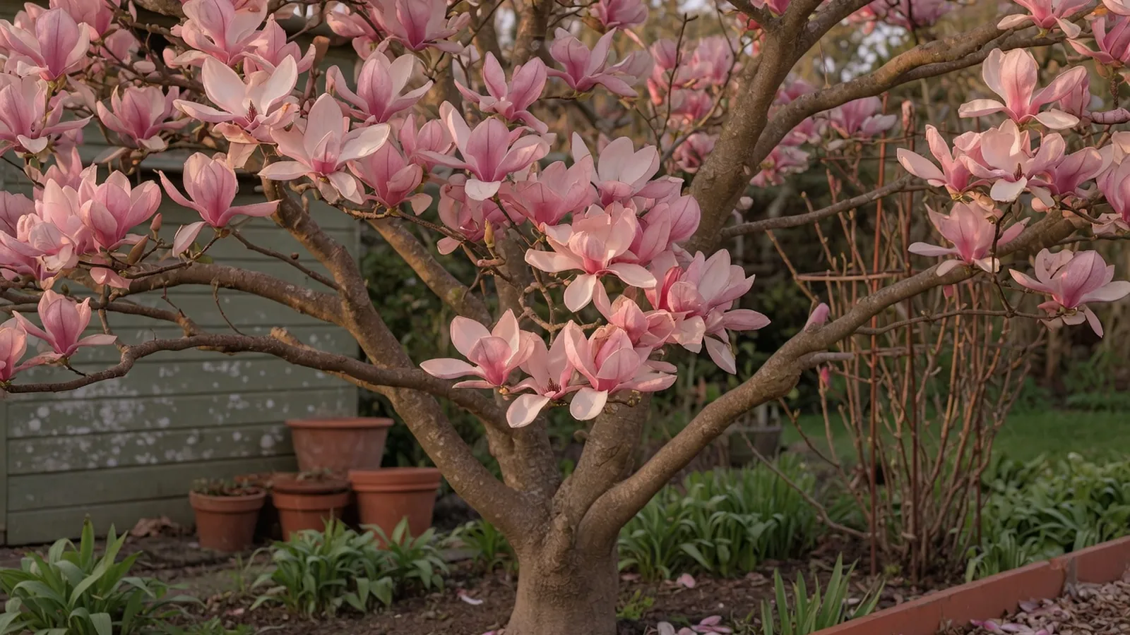 A mature Japanese magnolia tree in full bloom with large saucer-shaped pink flowers against a soft garden background.