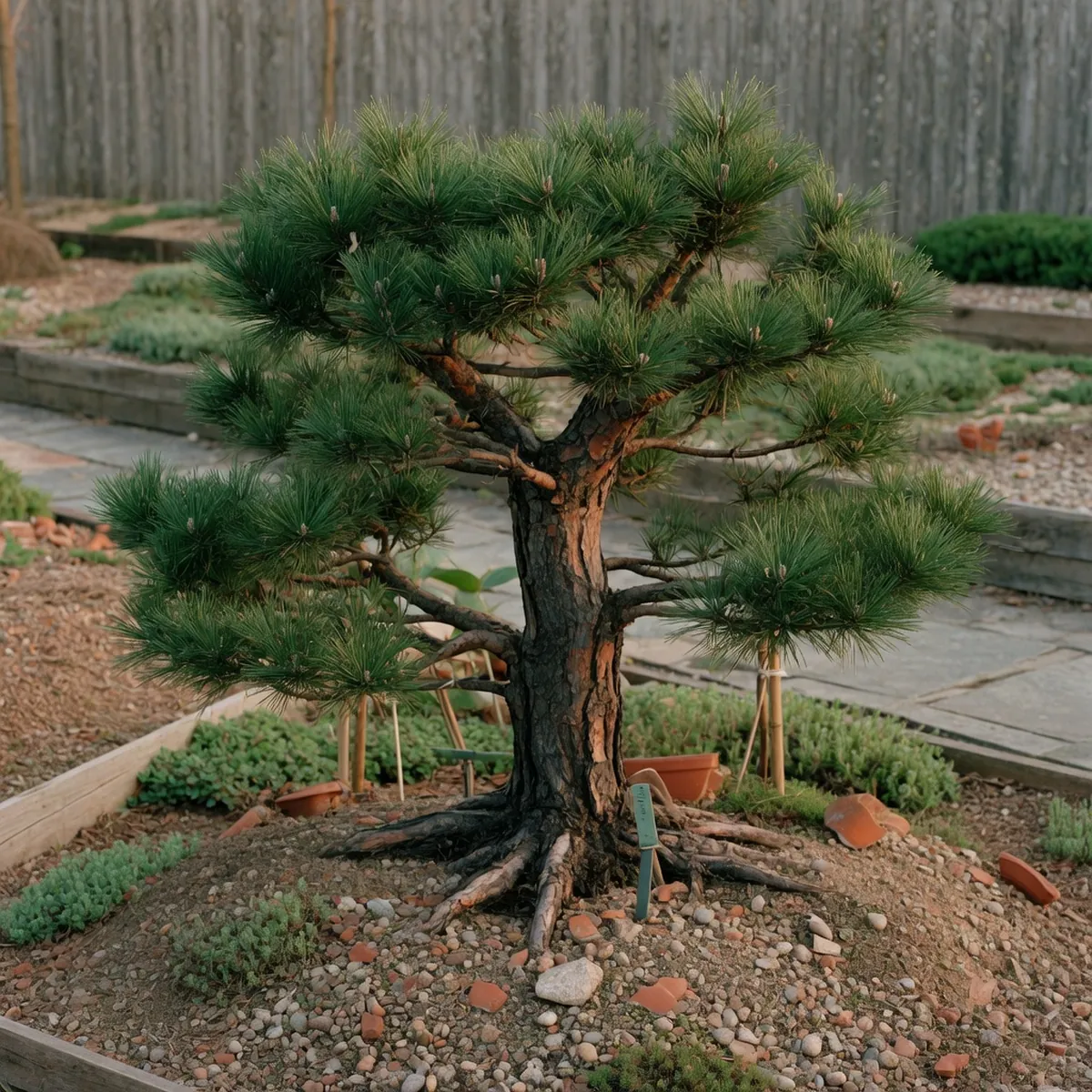 A mature Japanese black pine tree displaying its characteristic dark bark and dense dark green needles against a soft garden background.