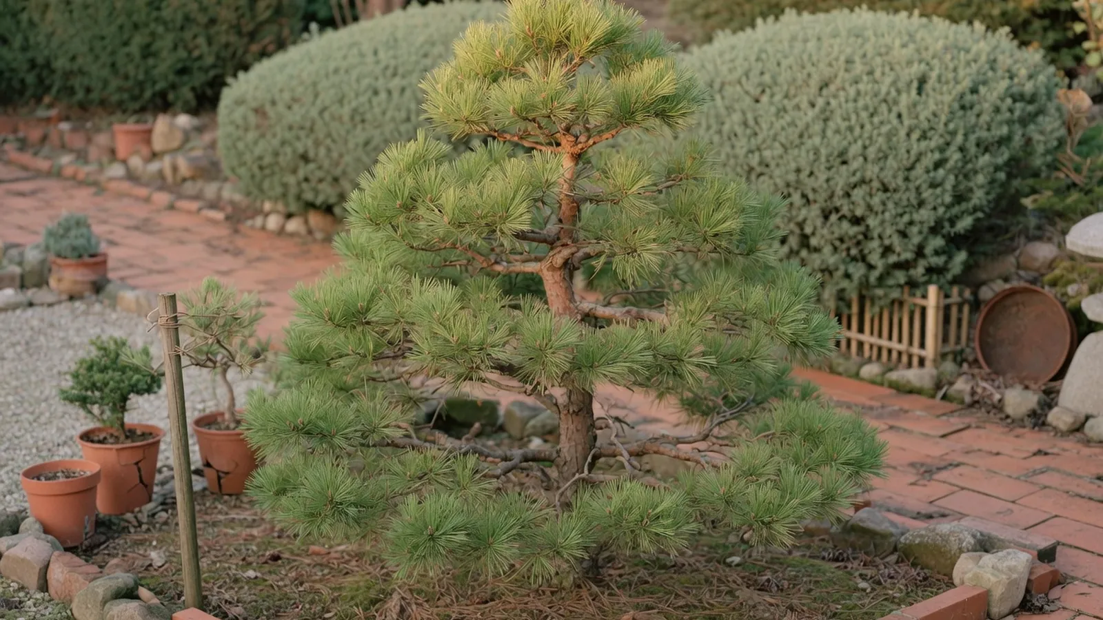 A healthy Japanese pine tree with its distinctive irregular pyramidal shape and vibrant green foliage in a landscaped garden setting.