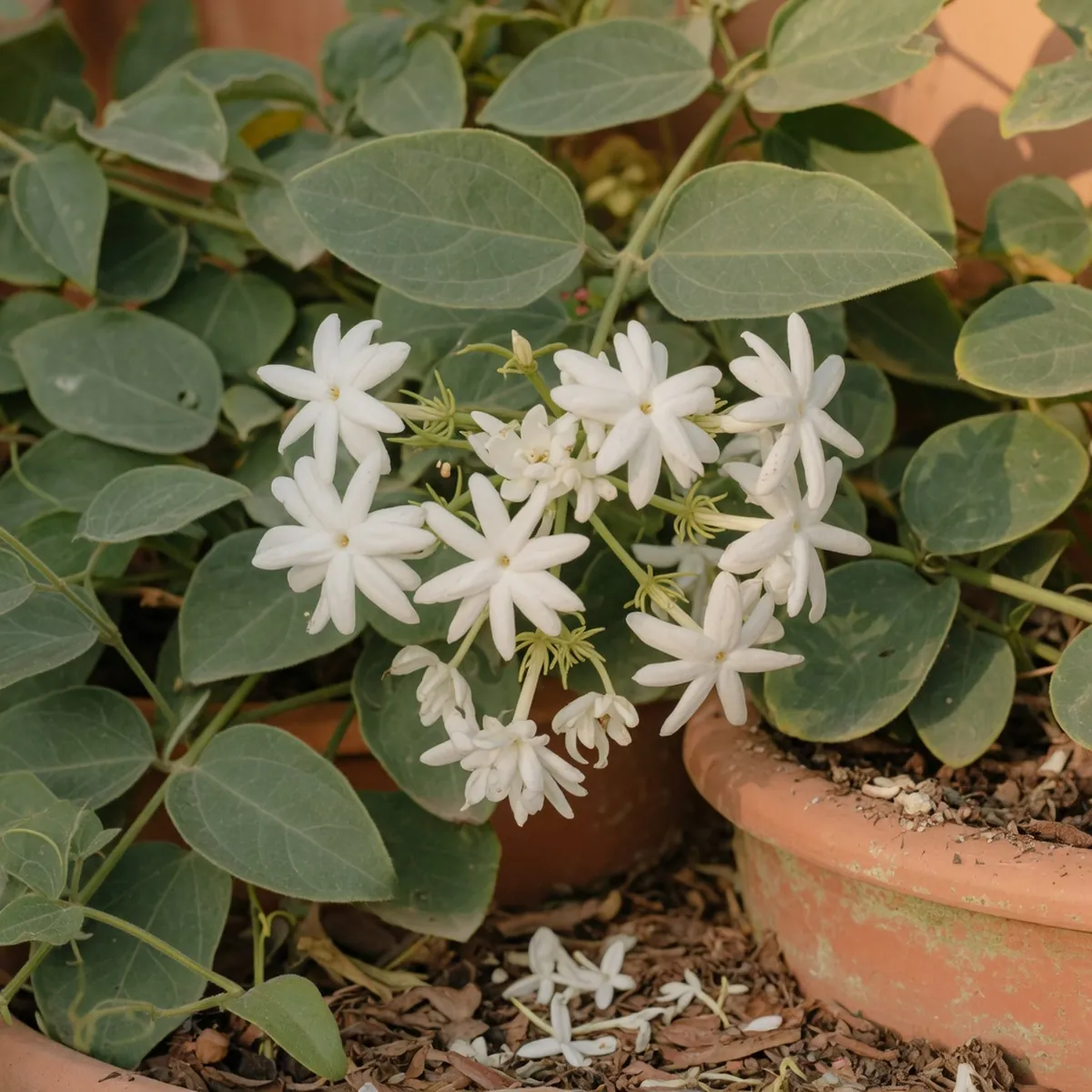 A cluster of tubular white jasmine flowers with five distinct lobes against green foliage.