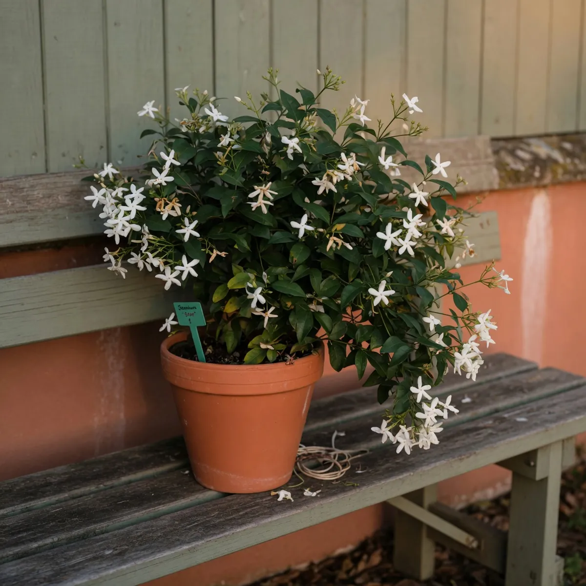 A close-up view of a jasmine bush with glossy green leaves and white star-shaped flowers growing in a terracotta pot.