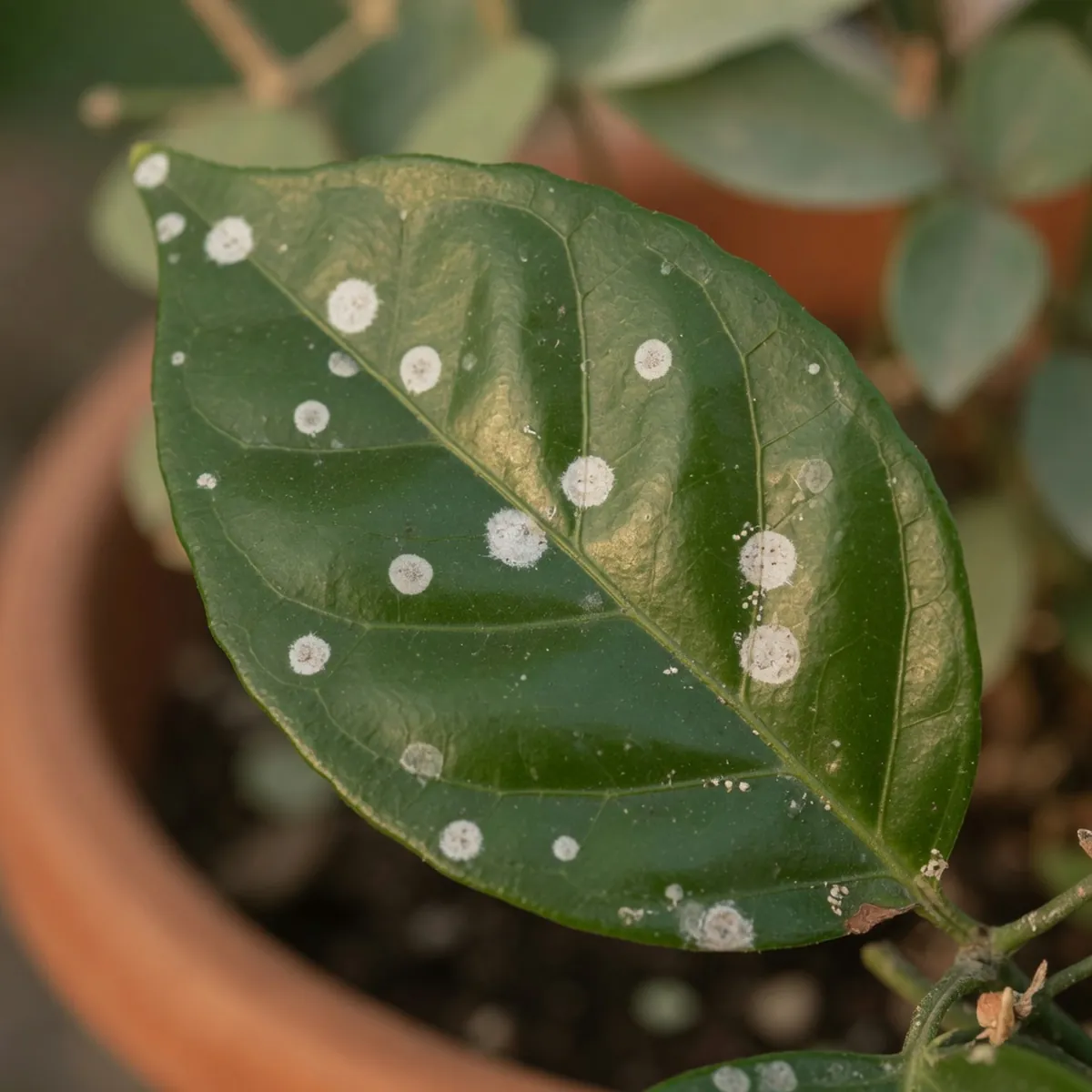 A glossy green jasmine leaf displaying distinct circular powdery-white fungal spots along the veins.