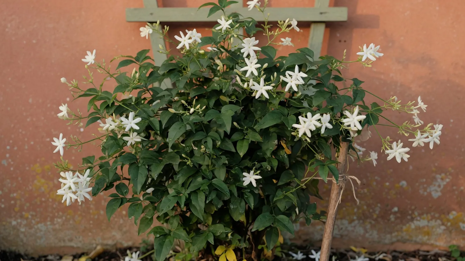 A healthy jasmine shrub blooming with clusters of bright white star-shaped flowers against lush green foliage.