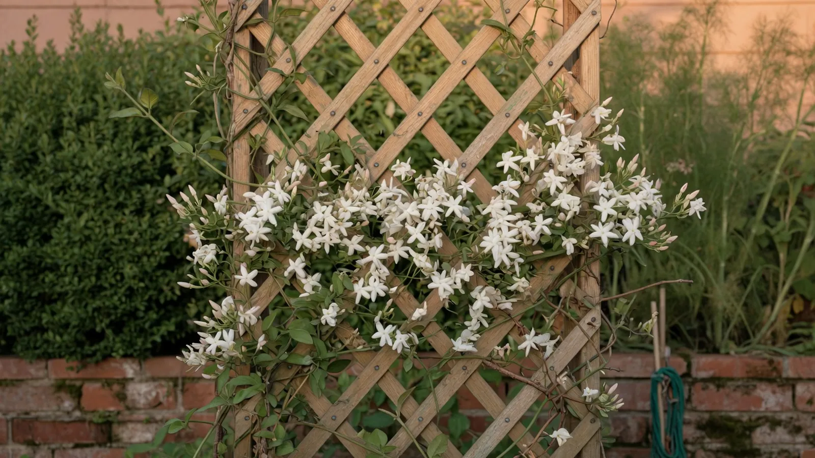 A lush jasmine vine climbing a wooden trellis with clusters of white blossoms in summer sunlight.