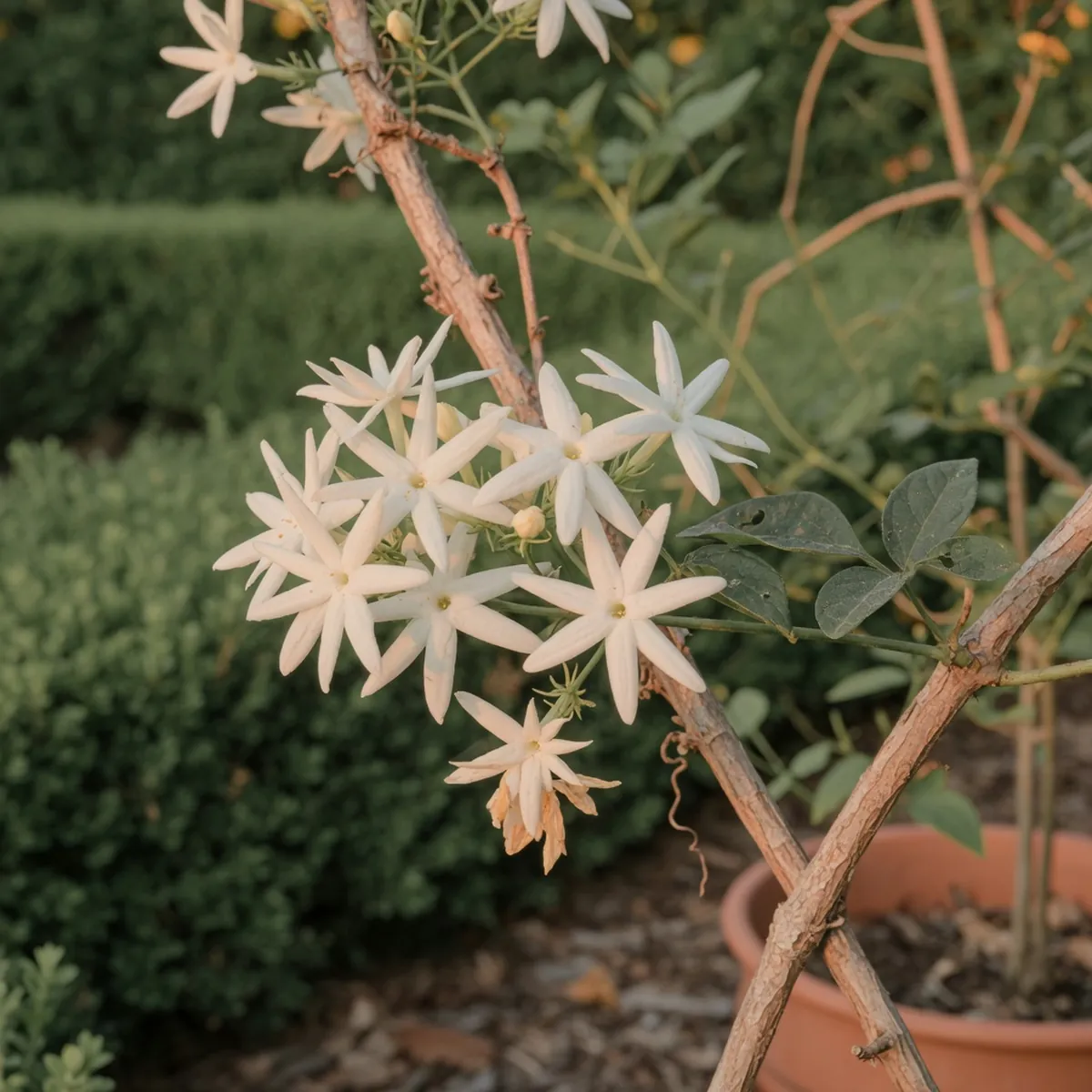 A cluster of white jasmine flowers with five lobes blooming on a woody vine.