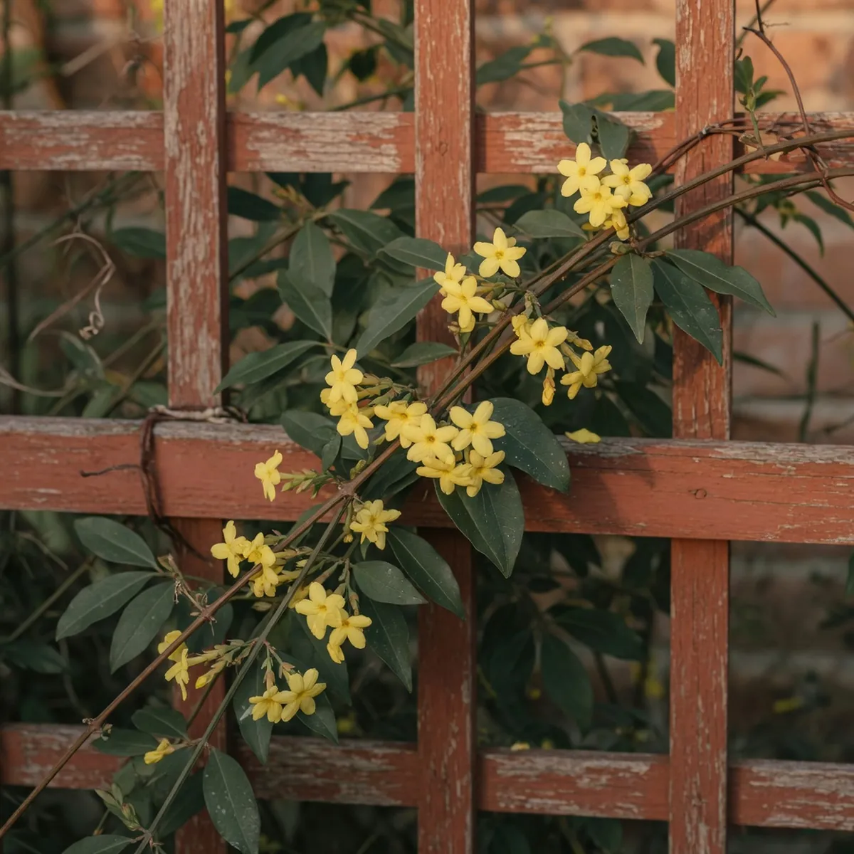 Bright yellow winter jasmine flowers blooming among dark green evergreen leaves on a garden trellis.